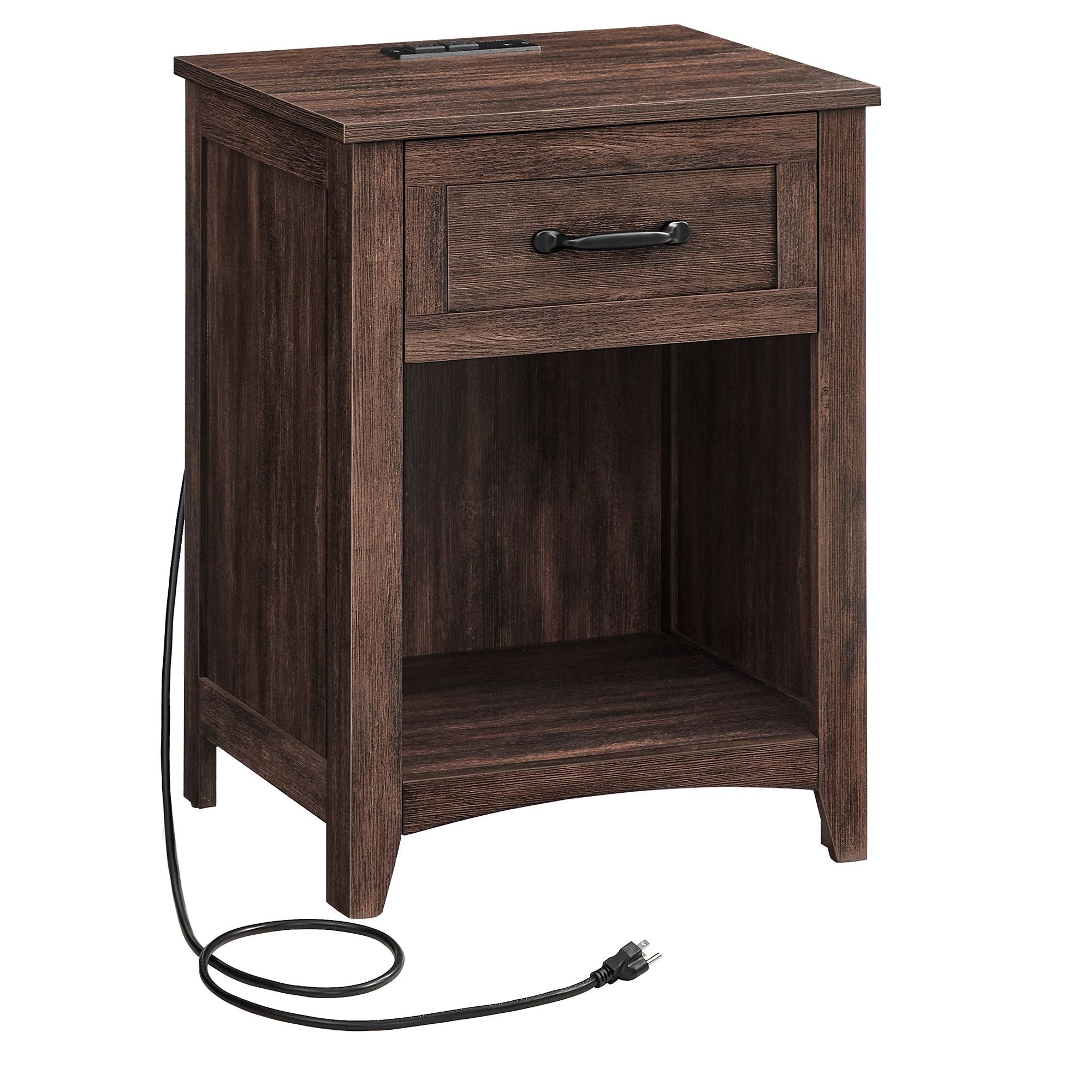 Farmhouse Nightstands with Charging Station - Set of 2 - Bedside Tables with Drawer - Maroon Brown