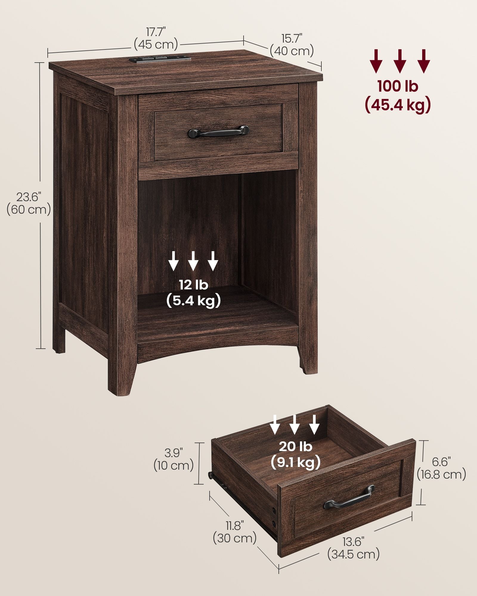 Farmhouse Nightstands with Charging Station - Set of 2 - Bedside Tables with Drawer - Maroon Brown