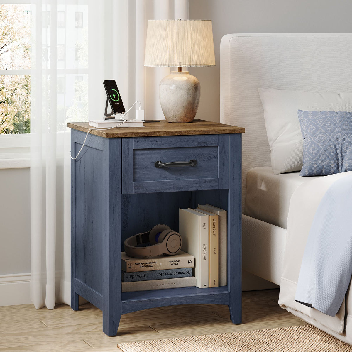 Farmhouse Nightstand - Charging Station - Drawer + Open Shelf - 23.6 Inch