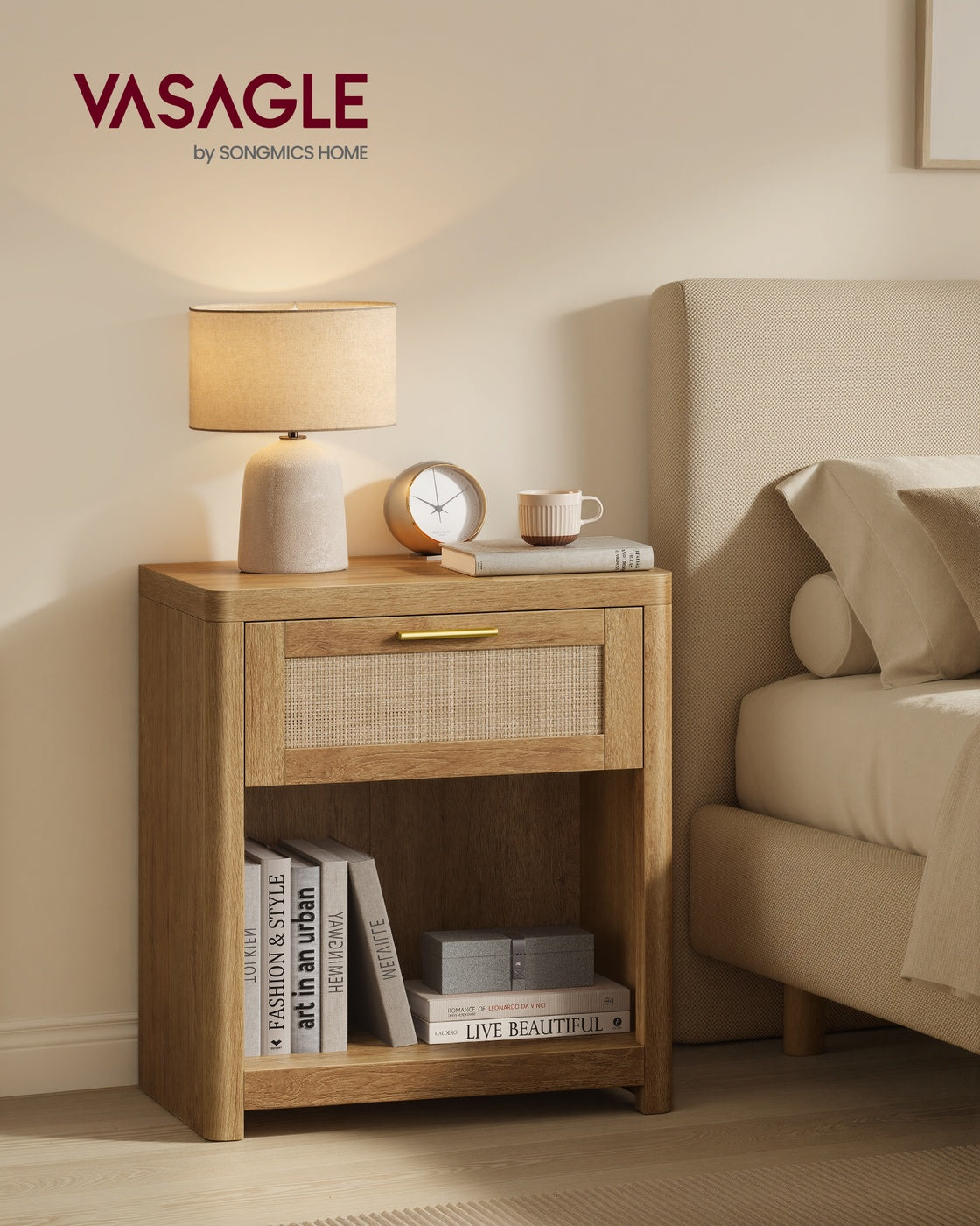 ELLAN Collection - Boho Nightstand with Drawer and Open Shelf - Natural Brown