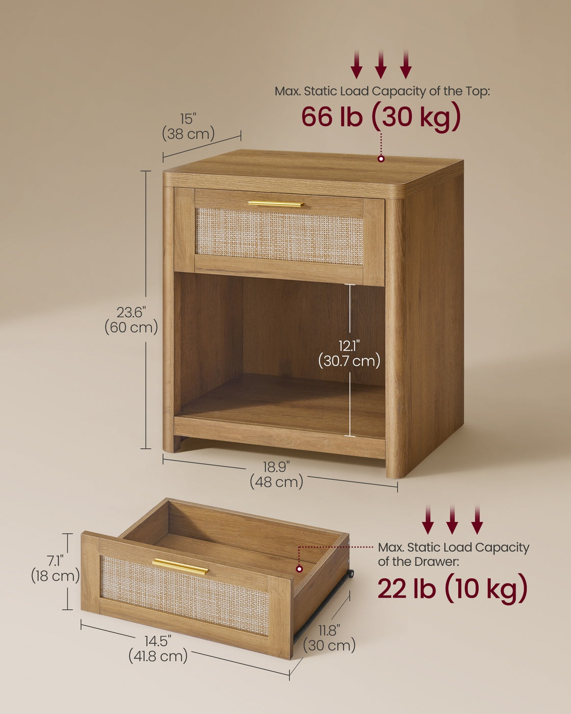 ELLAN Collection - Boho Nightstand with Drawer and Open Shelf - Natural Brown