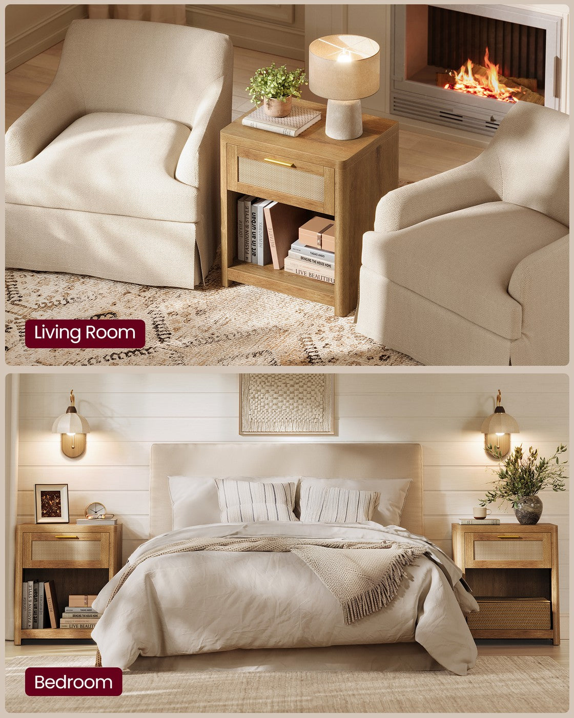 ELLAN Collection - Boho Nightstand with Drawer and Open Shelf - Natural Brown
