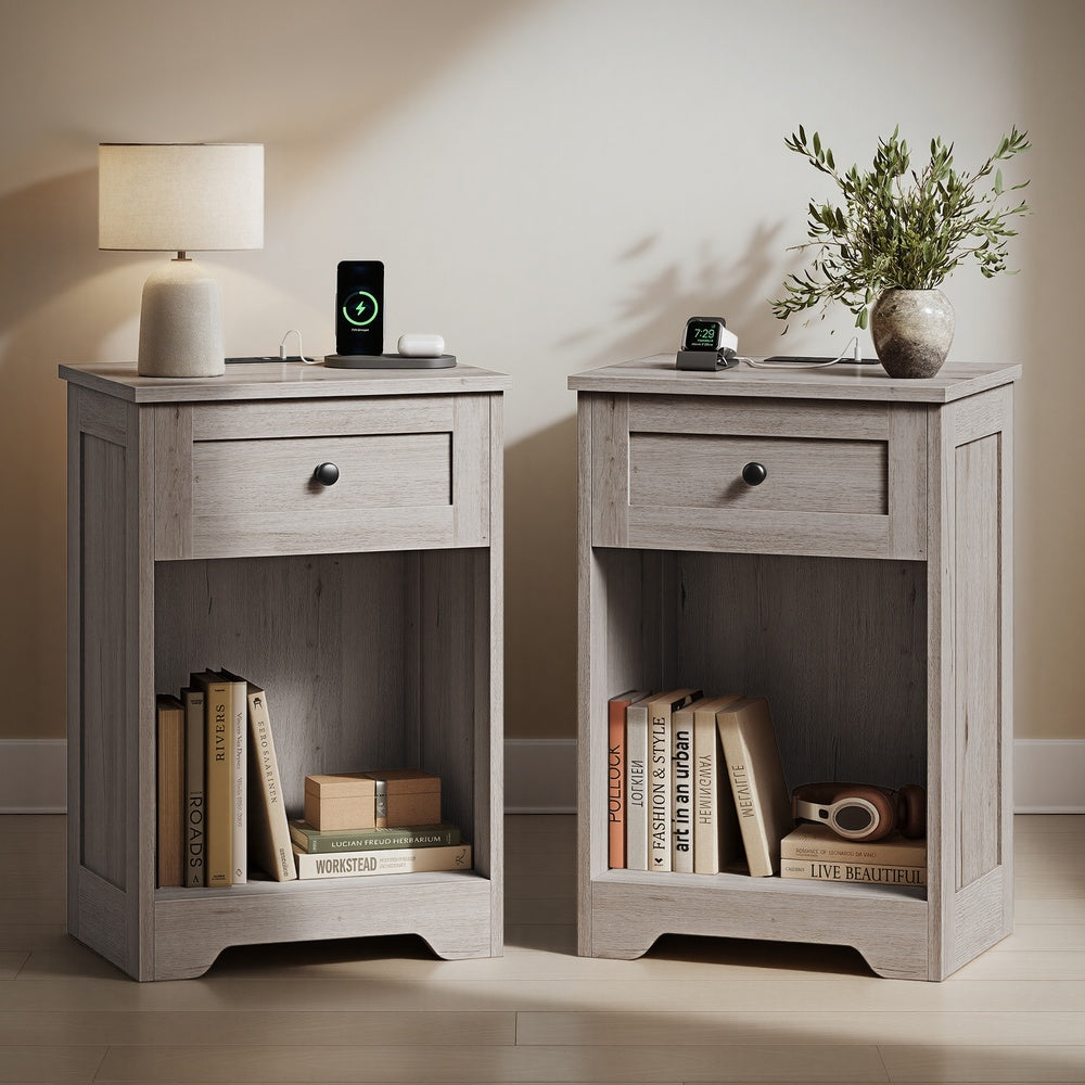 Farmhouse Nightstand with Charging Station and Drawer - Washed Gray