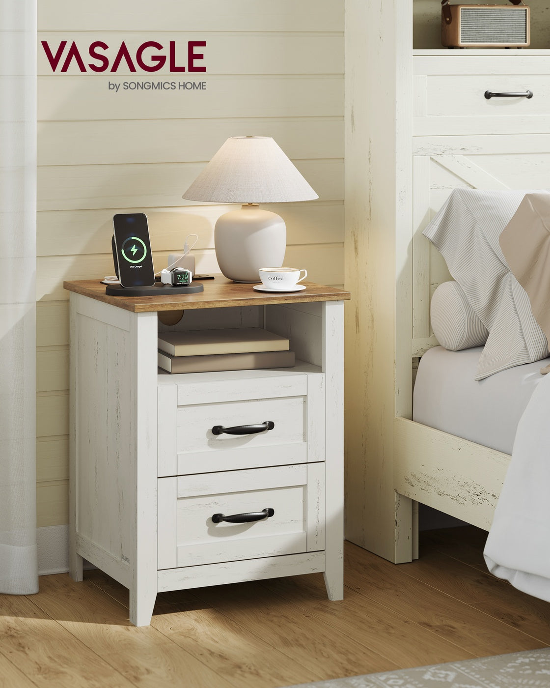 Farmhouse Nightstands - Charging Station - 2 Drawers - 23.6 inch - Set of 2