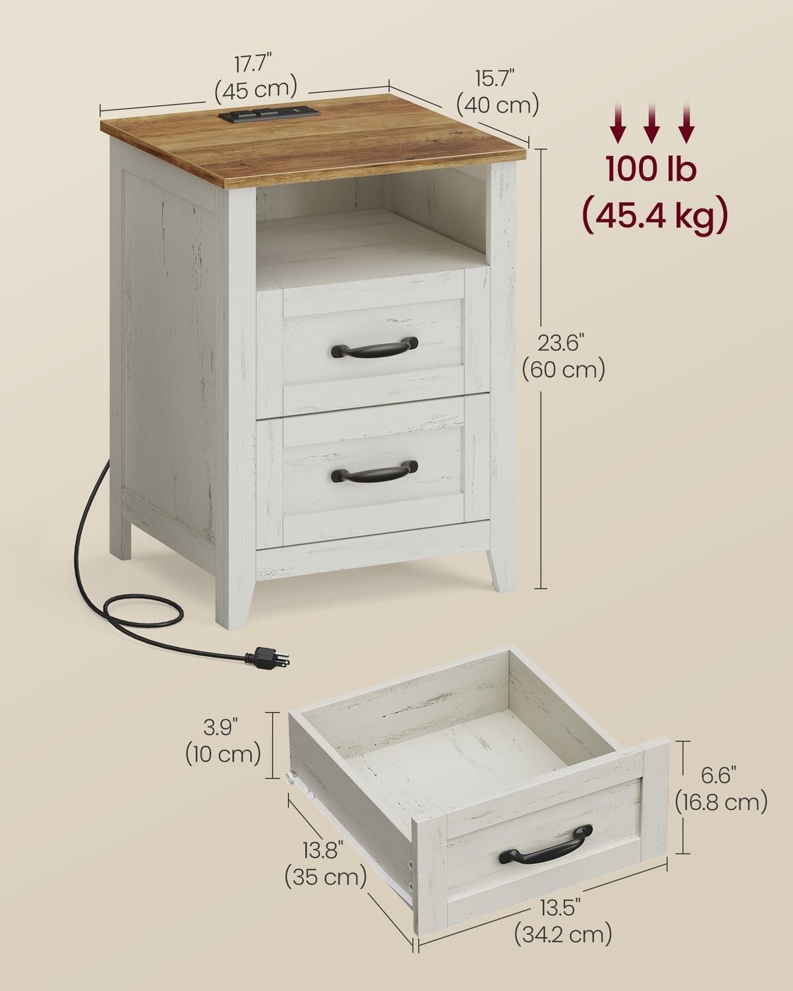 Farmhouse Nightstands - Charging Station - 2 Drawers - 23.6 inch - Set of 2