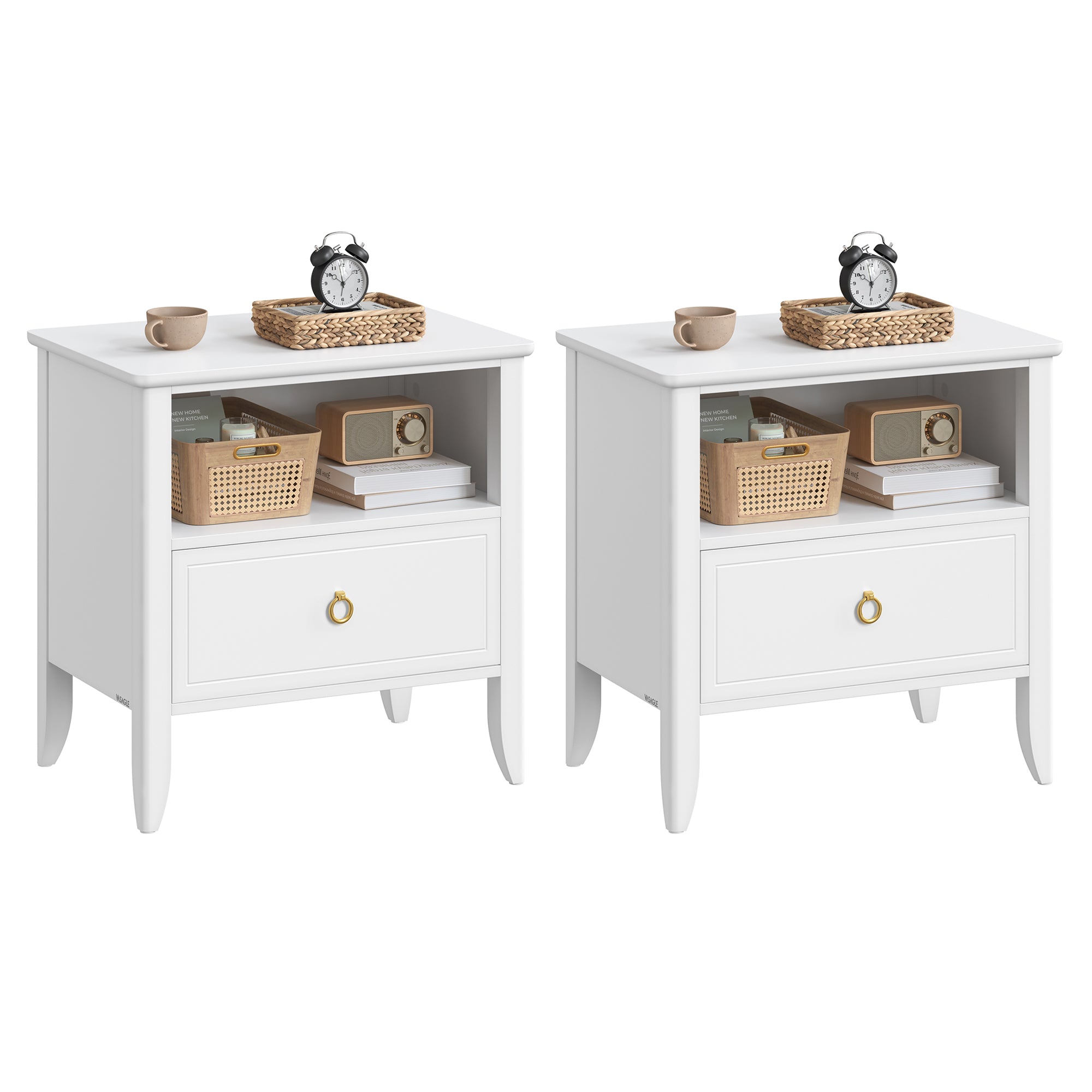 Nightstands - Set of 2 Bedside Tables - Side End Tables with Drawer and Open Shelf