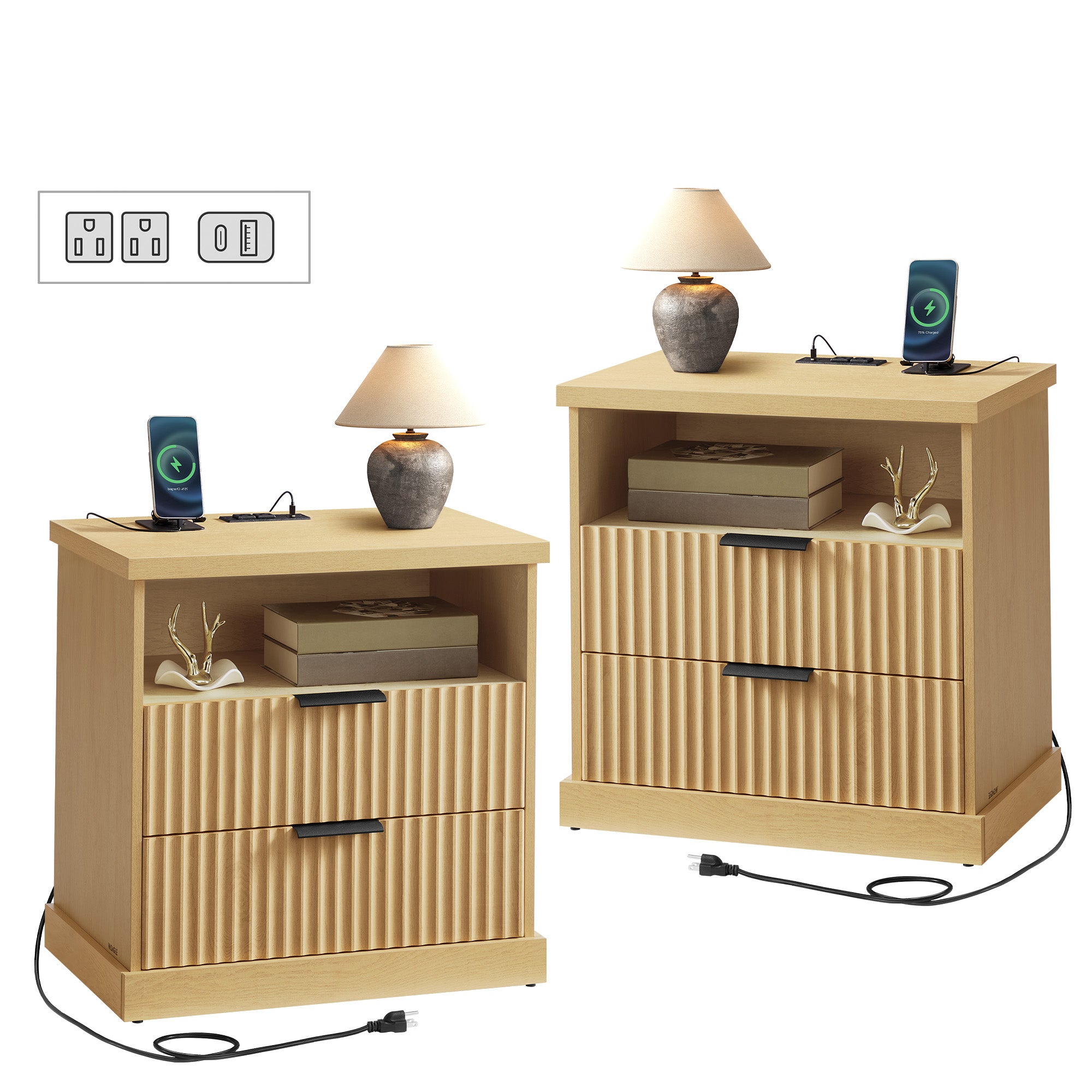 MAXE Collection - Set of 2 Nightstands with Charging Station - Bedside Table - Side End Table with 2 Drawers - Oak Beige