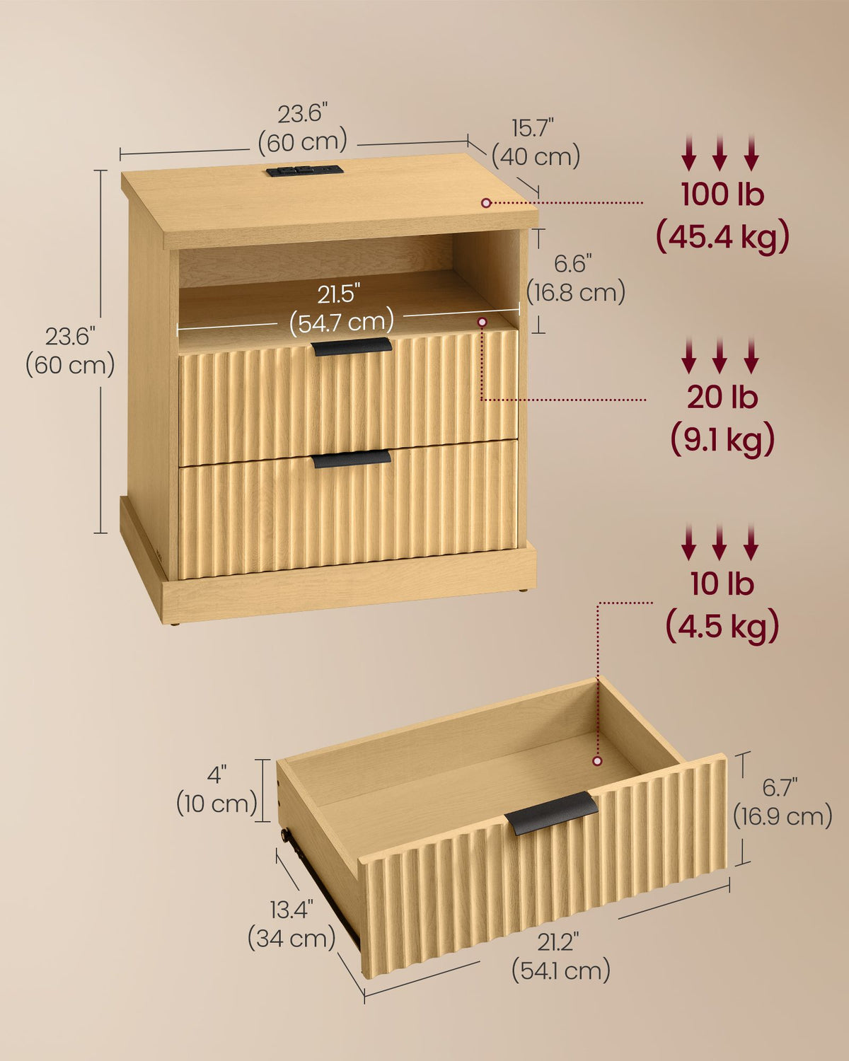 MAXE Collection Nightstand - Charging Station - 2 Drawers - Set of 2