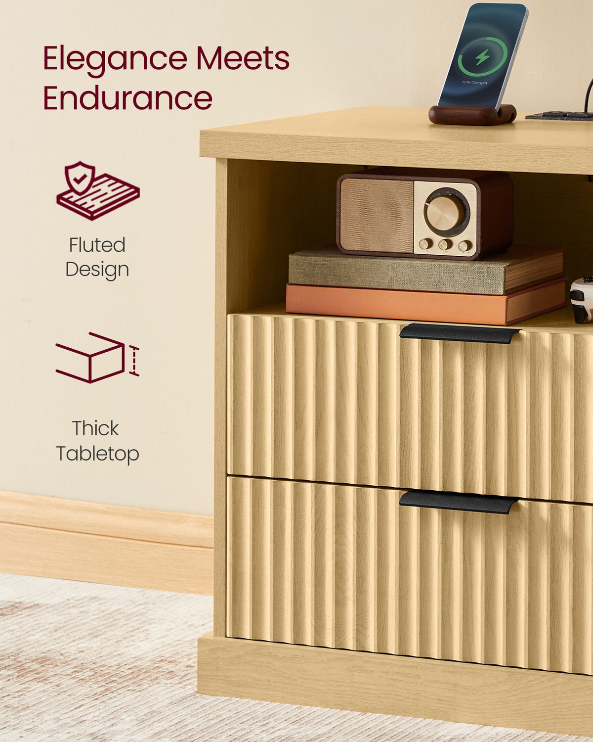 MAXE Collection Nightstand - Charging Station - 2 Drawers - Set of 2