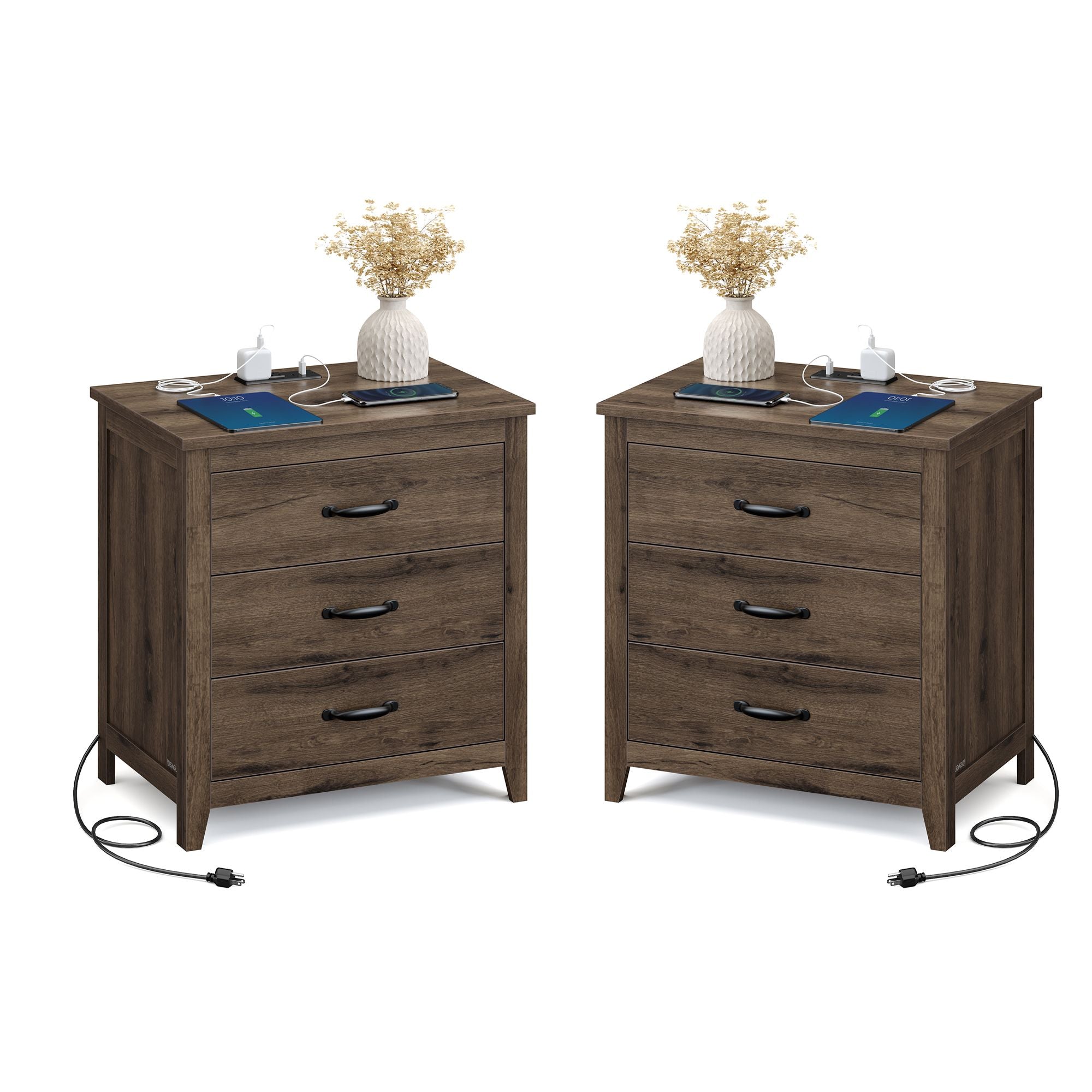 LIRY Collection - Farmhouse Nightstand with Charging Station - Rustic Brown