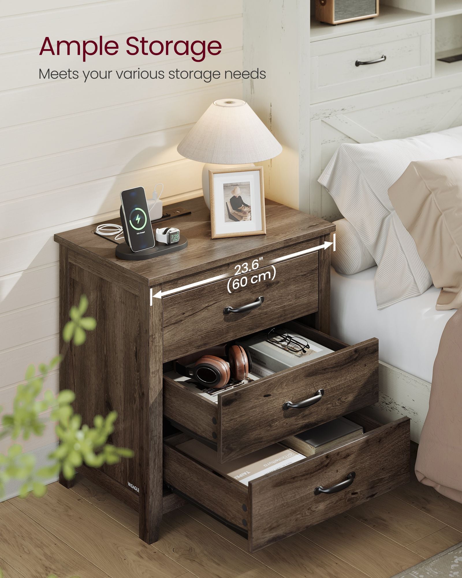 LIRY Collection - Farmhouse Nightstand with Charging Station - Rustic Brown