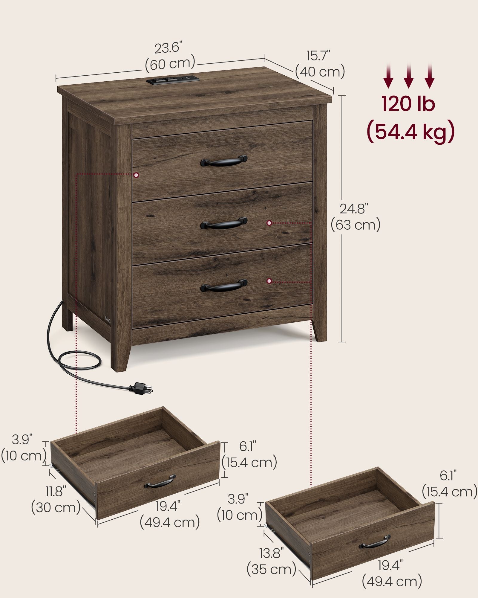 LIRY Collection - Farmhouse Nightstand with Charging Station - Rustic Brown