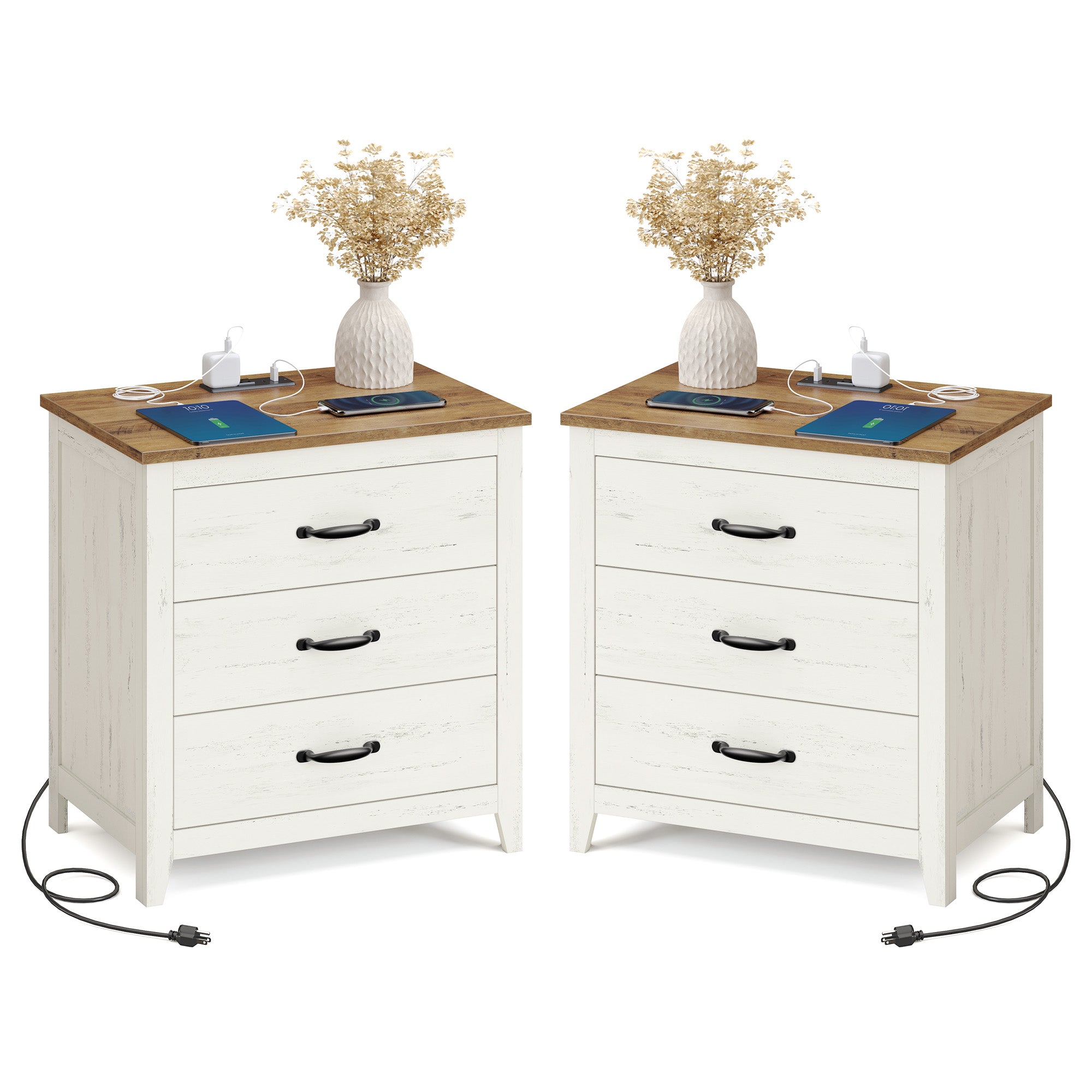 LIRY Collection - Farmhouse Nightstand with Charging Station - White