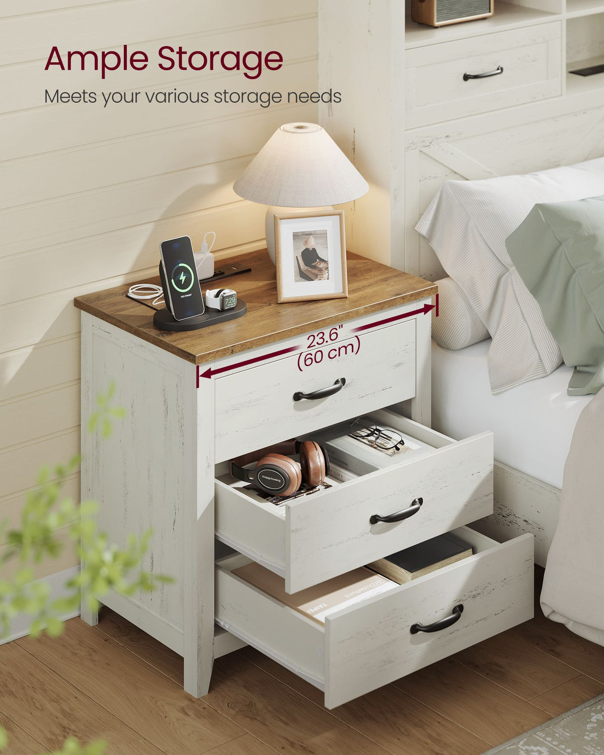 LIRY Collection - Farmhouse Nightstand with Charging Station