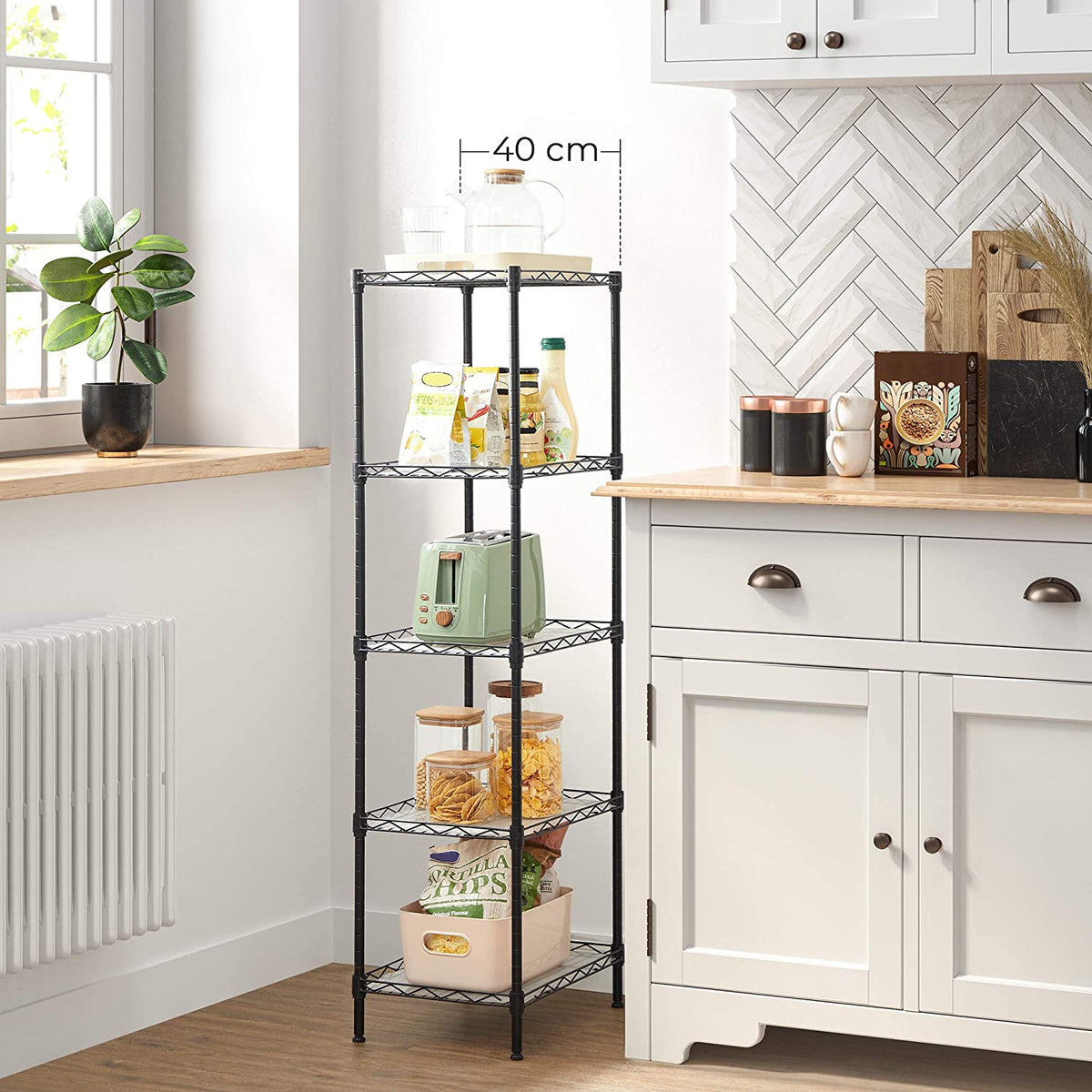 5-Tier Metal Storage Shelves - Kitchen Wire Shelving Unit - Storage Rack with Adjustable Shelves - Shelf Liners - 8 Hooks - for Garage - Black