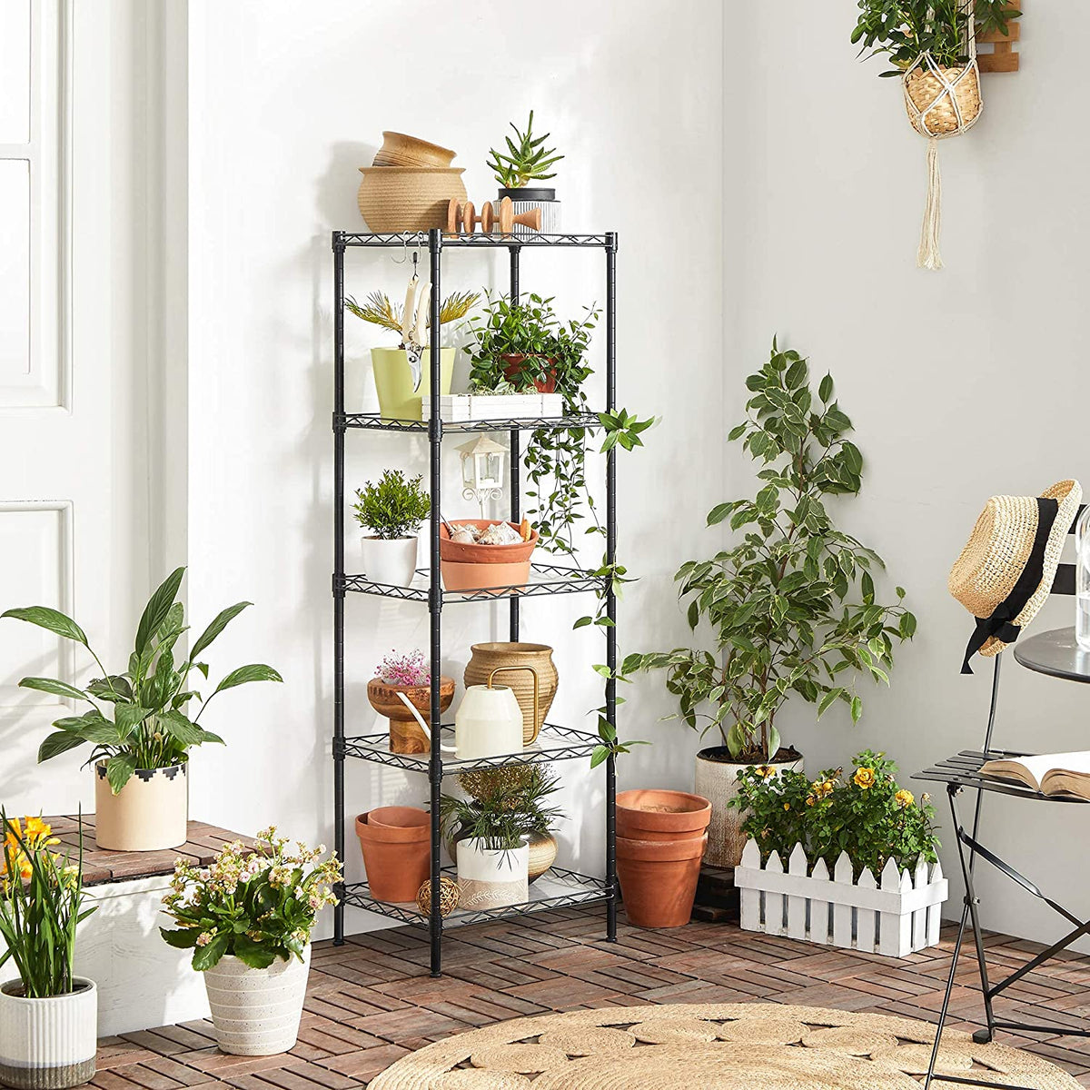 5-Tier Metal Storage Shelves - Kitchen Wire Shelving Unit - Storage Rack with Adjustable Shelves - Shelf Liners - 8 Hooks - for Garage - Black