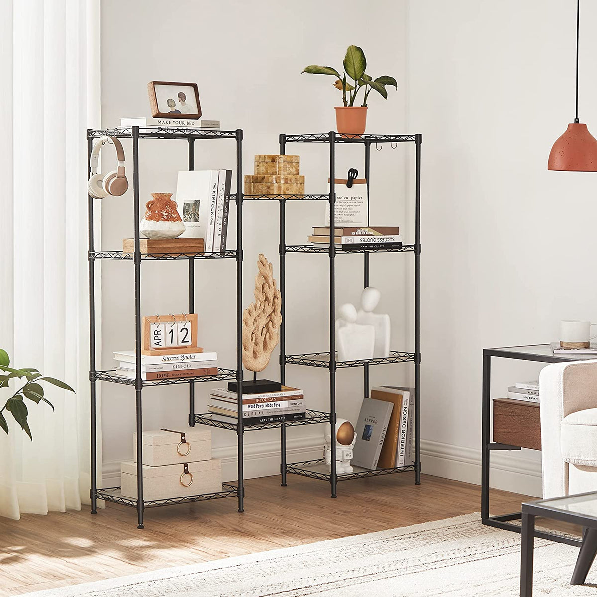 5-Tier Metal Storage Shelves - Kitchen Wire Shelving Unit - Storage Rack with Adjustable Shelves - Shelf Liners - 8 Hooks - for Garage - Black
