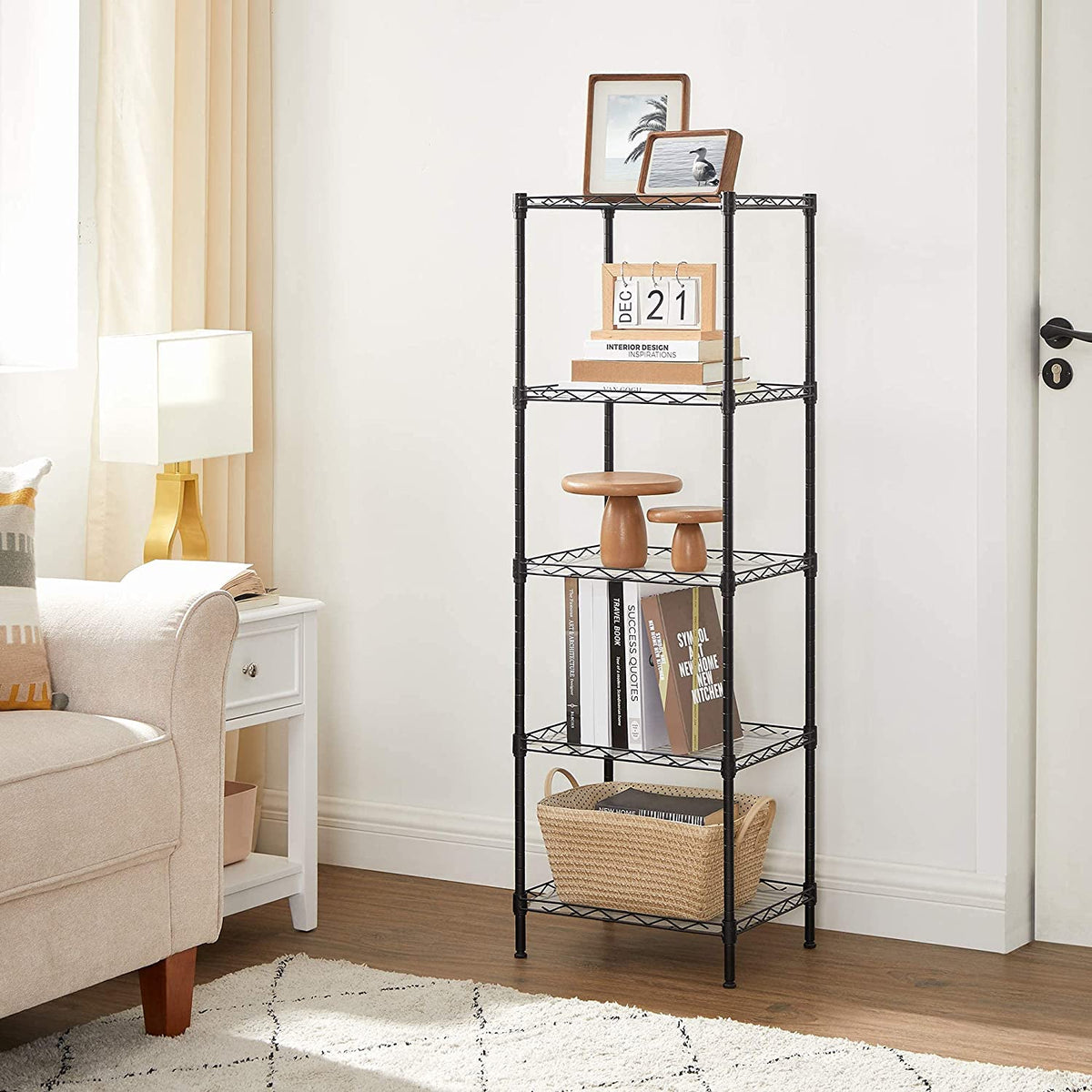 5-Tier Metal Storage Shelves - Kitchen Wire Shelving Unit - Storage Rack with Adjustable Shelves - Shelf Liners - 8 Hooks - for Garage - Black