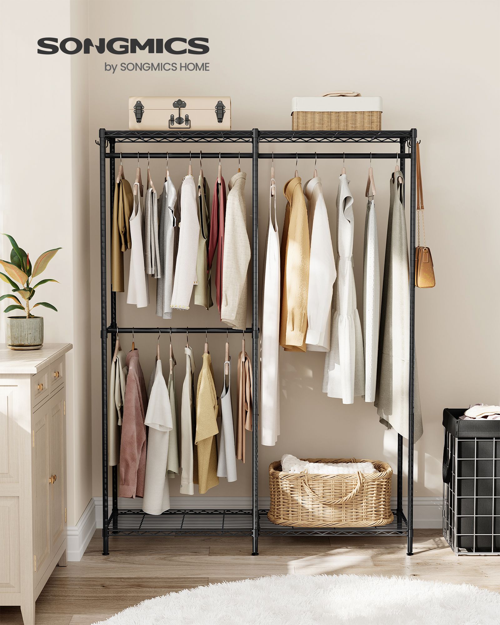 Metal Clothing Rack with Adjustable Shelves and Hanging Rails - Ink Black