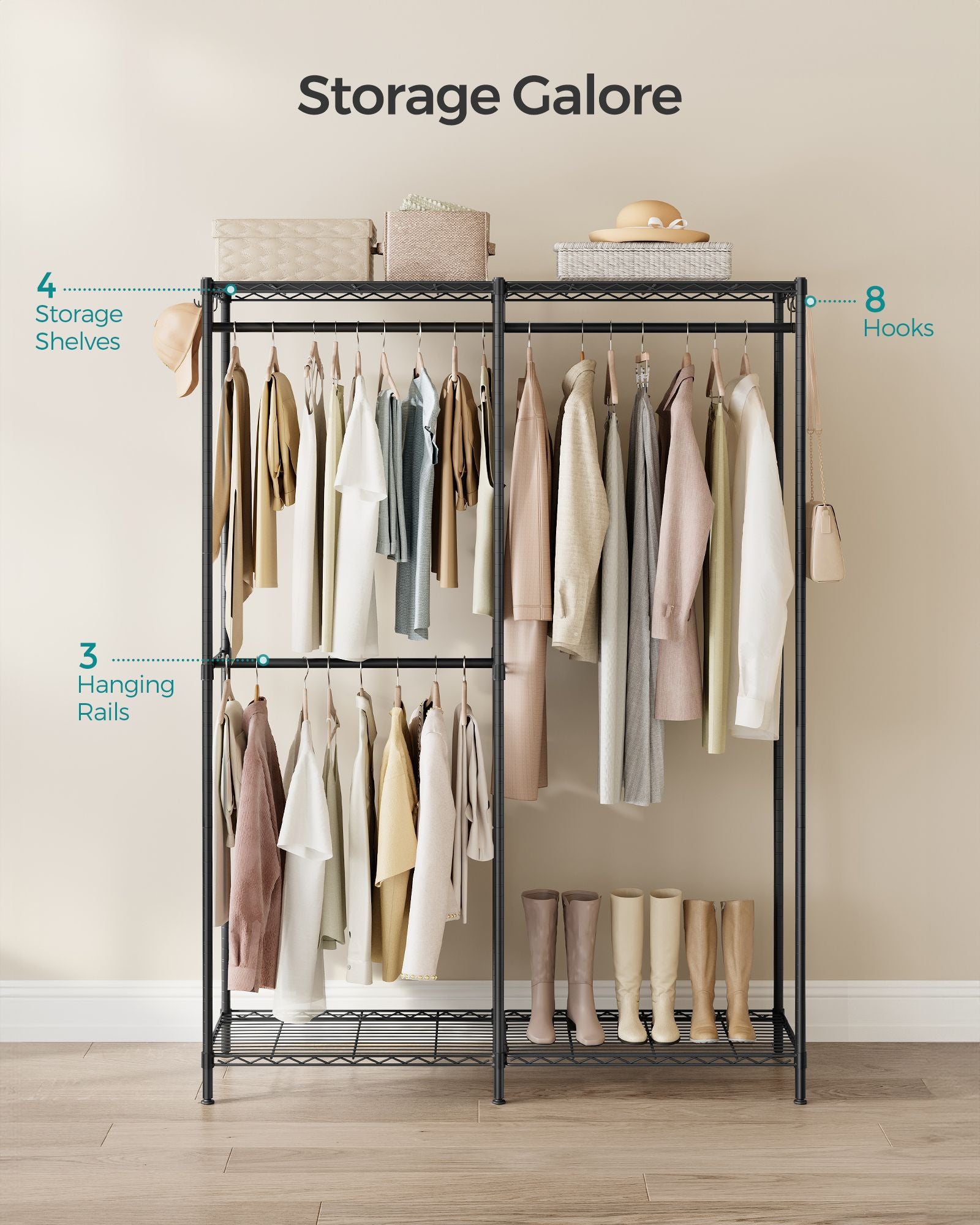 Metal Clothing Rack with Adjustable Shelves and Hanging Rails - Ink Black