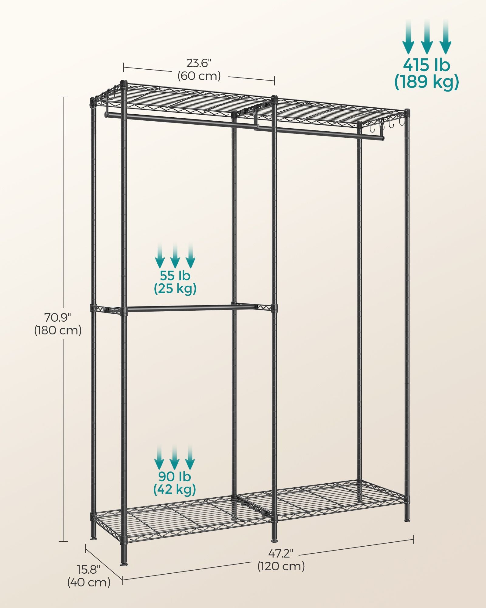 Metal Clothing Rack with Adjustable Shelves and Hanging Rails - Ink Black