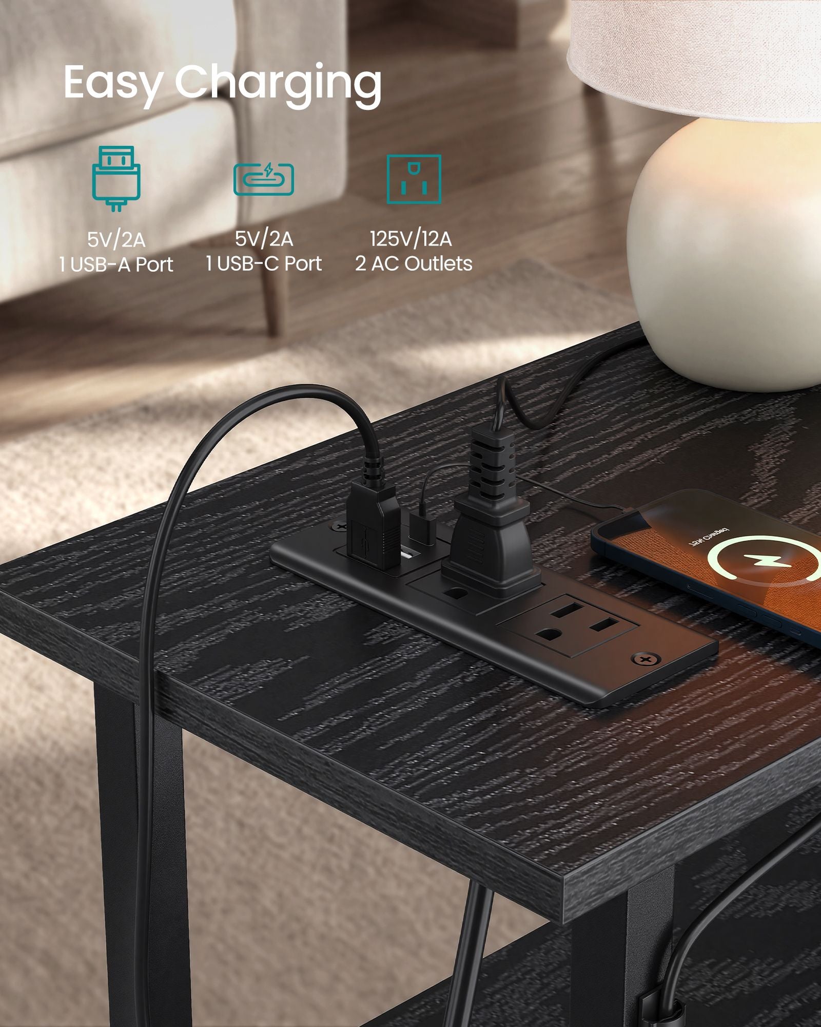 Side Table with LED Light - Narrow End Table with 2 Drawers - Nightstand with Charging Station - Bedside Tables for Small Space - Living Room - Ink Black - BELLAH Collection ULGS012B101 - Ink Black