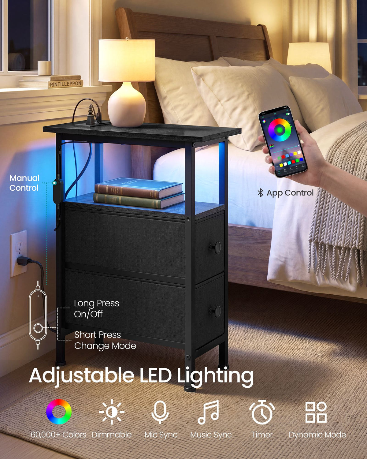 BELLAH Collection Nightstand - LED Light - 2 Drawers - Charging Station