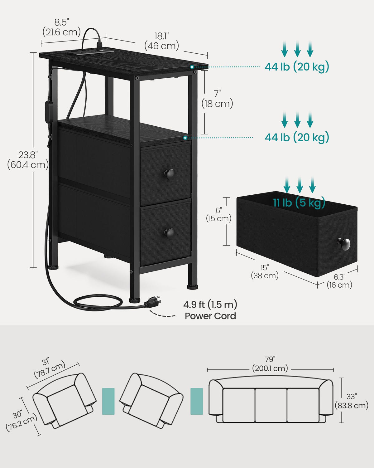 BELLAH Collection Nightstand - LED Light - 2 Drawers - Charging Station