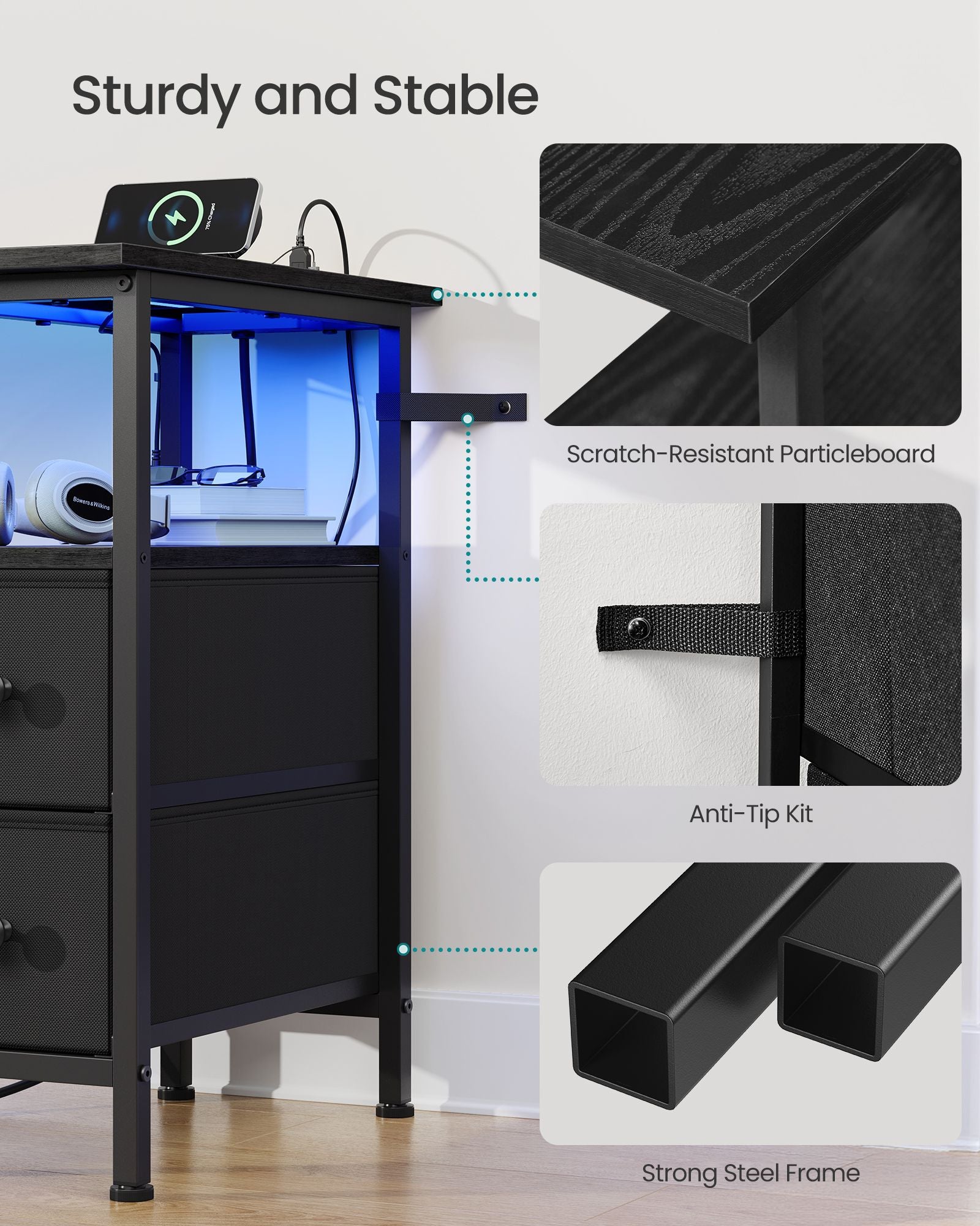 Side Table with LED Light - Narrow End Table with 2 Drawers - Nightstand with Charging Station - Bedside Tables for Small Space - Living Room - Ink Black - BELLAH Collection ULGS012B101 - Ink Black