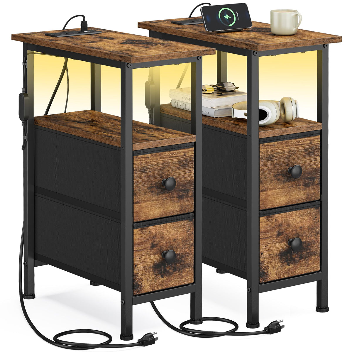 BELLAH Collection Nightstand - LED Light - 2 Drawers - Charging Station