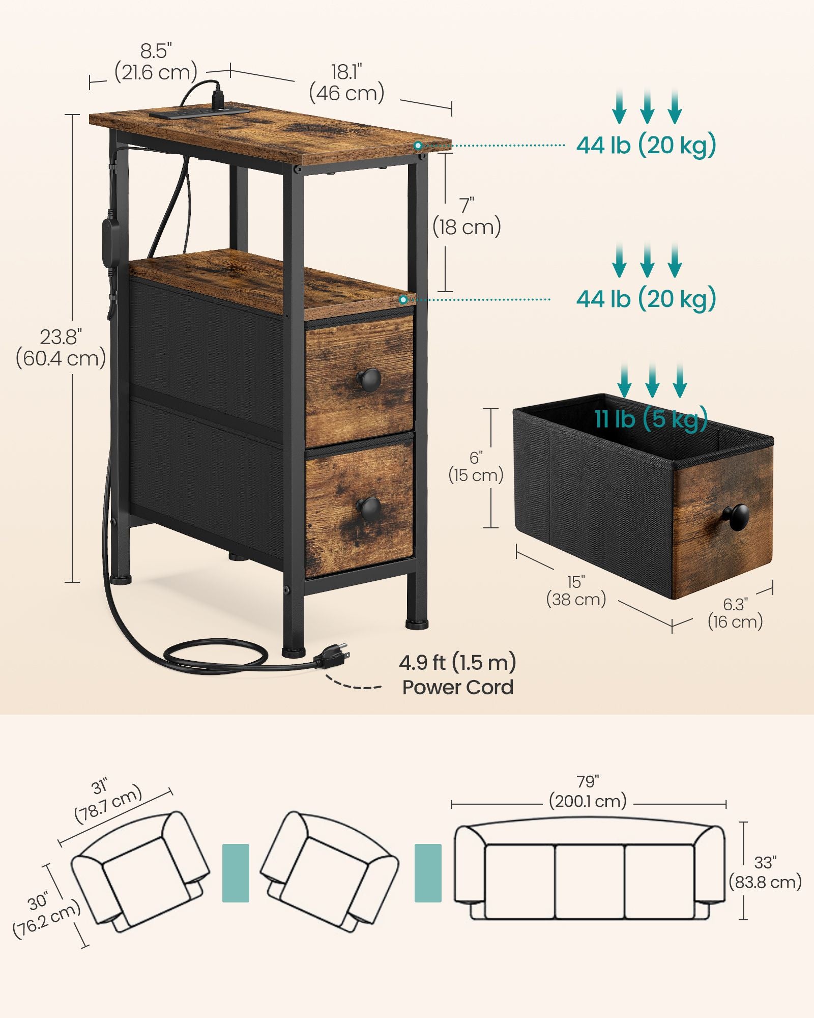 Side Table with LED Light - Narrow End Table with 2 Drawers - Nightstand with Charging Station - Bedside Tables for Small Space - Living Room - Ink Black - BELLAH Collection ULGS012B101 - Rustic Brown