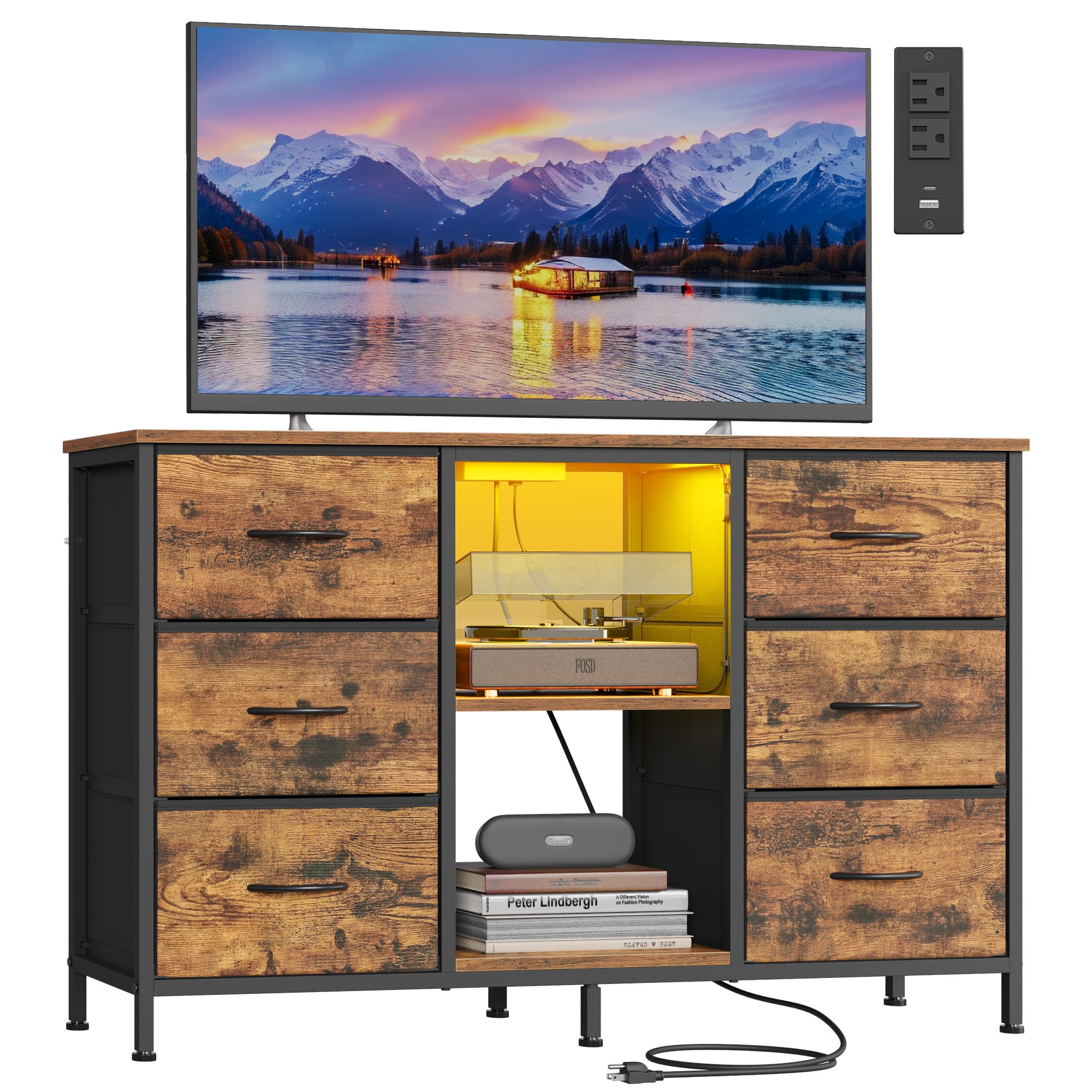 TV Stand With Fabric Drawers And Shelves