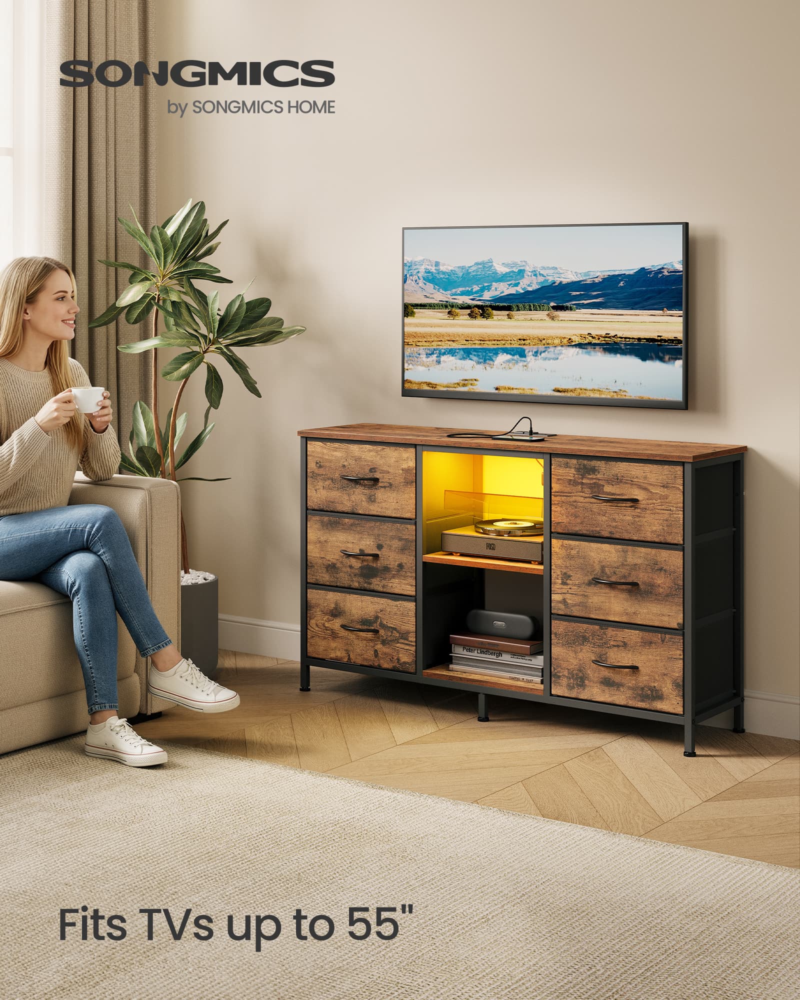 TV Stand With Fabric Drawers And Shelves