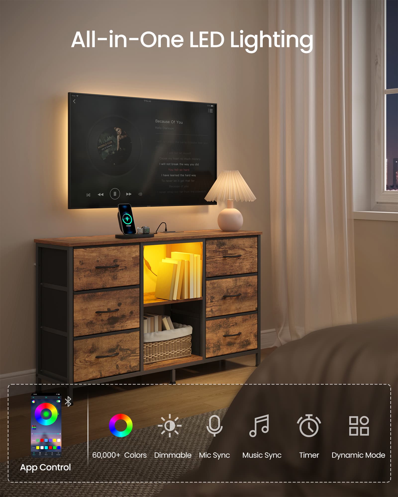 TV Stand With Fabric Drawers And Shelves