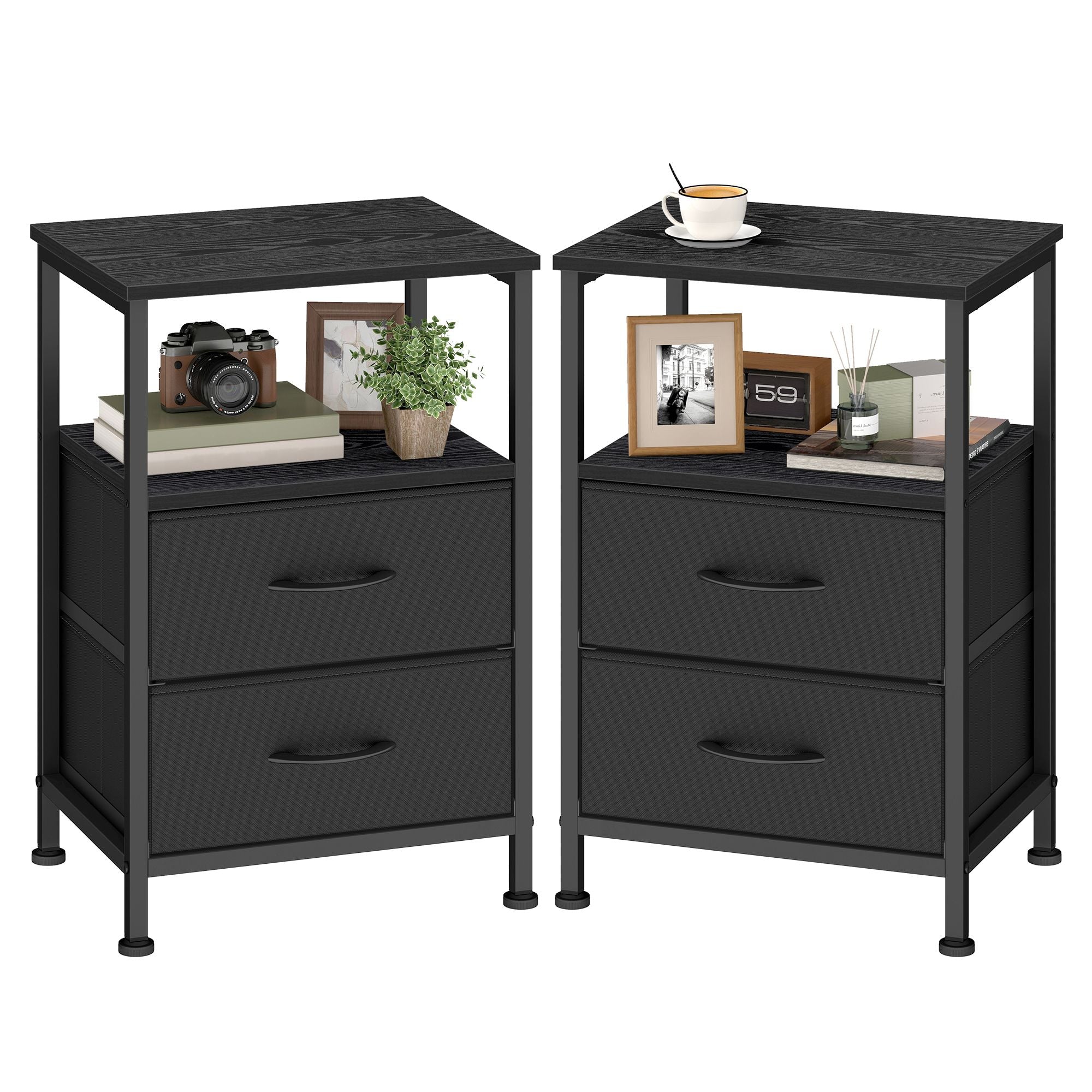 Nightstand - Bed Side Table - End Table with 2 Drawers | 1 Open Shelf - Industrial - Rustic Brown - BELLAH Collection ULGS052K101S - Ink Black