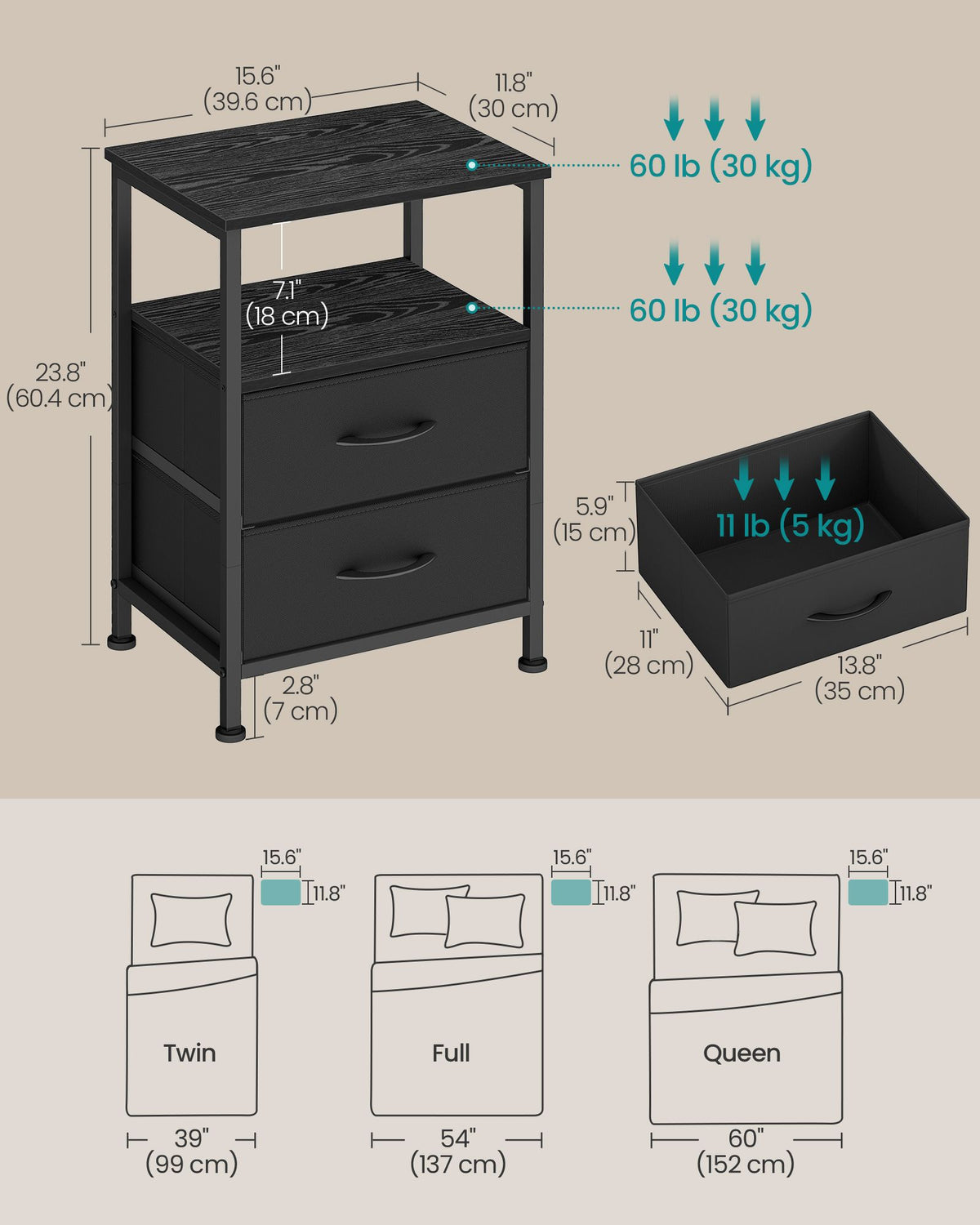 BELLAH Collection Nightstand - 2 Drawers - Open Shelf - Industrial Style