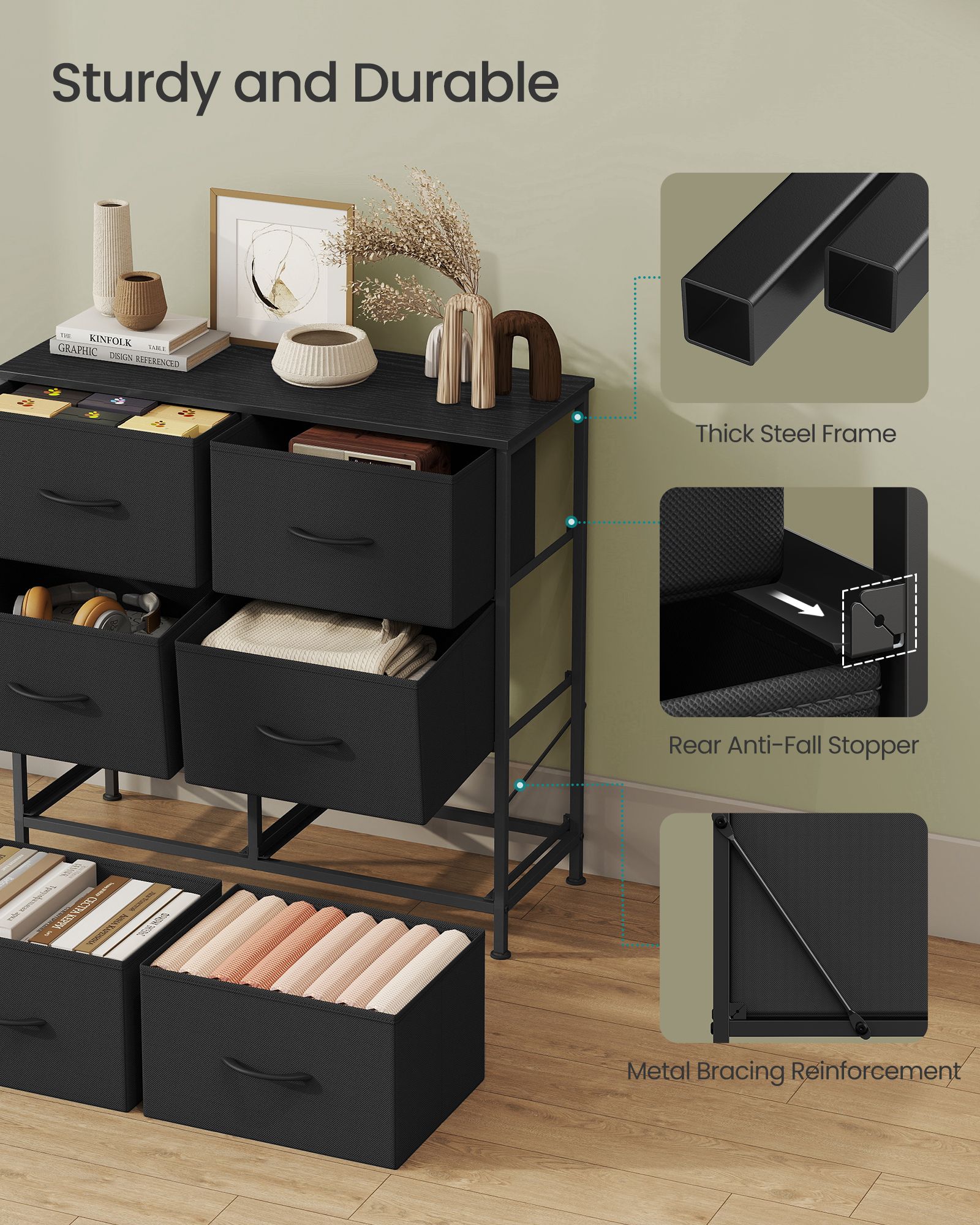 Dresser for Bedroom - 6-Drawer Storage Organizer - Ink Black & Ebony Black - Steel Frame - Ink Black, Ebony Black