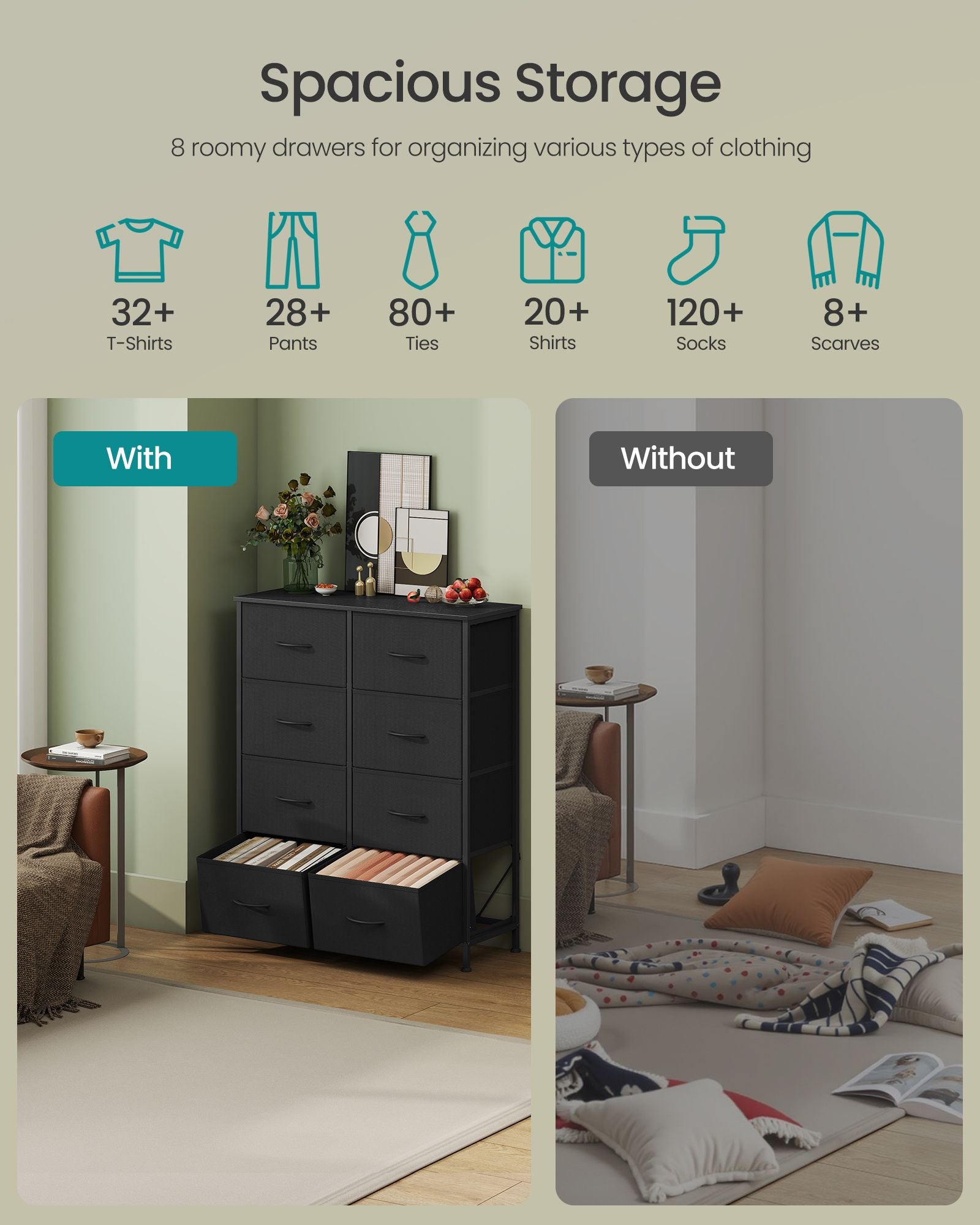 Dresser for Bedroom - 8-Drawer Storage Organizer - Ink Black & Ebony Black - Steel Frame - Ink Black, Ebony Black