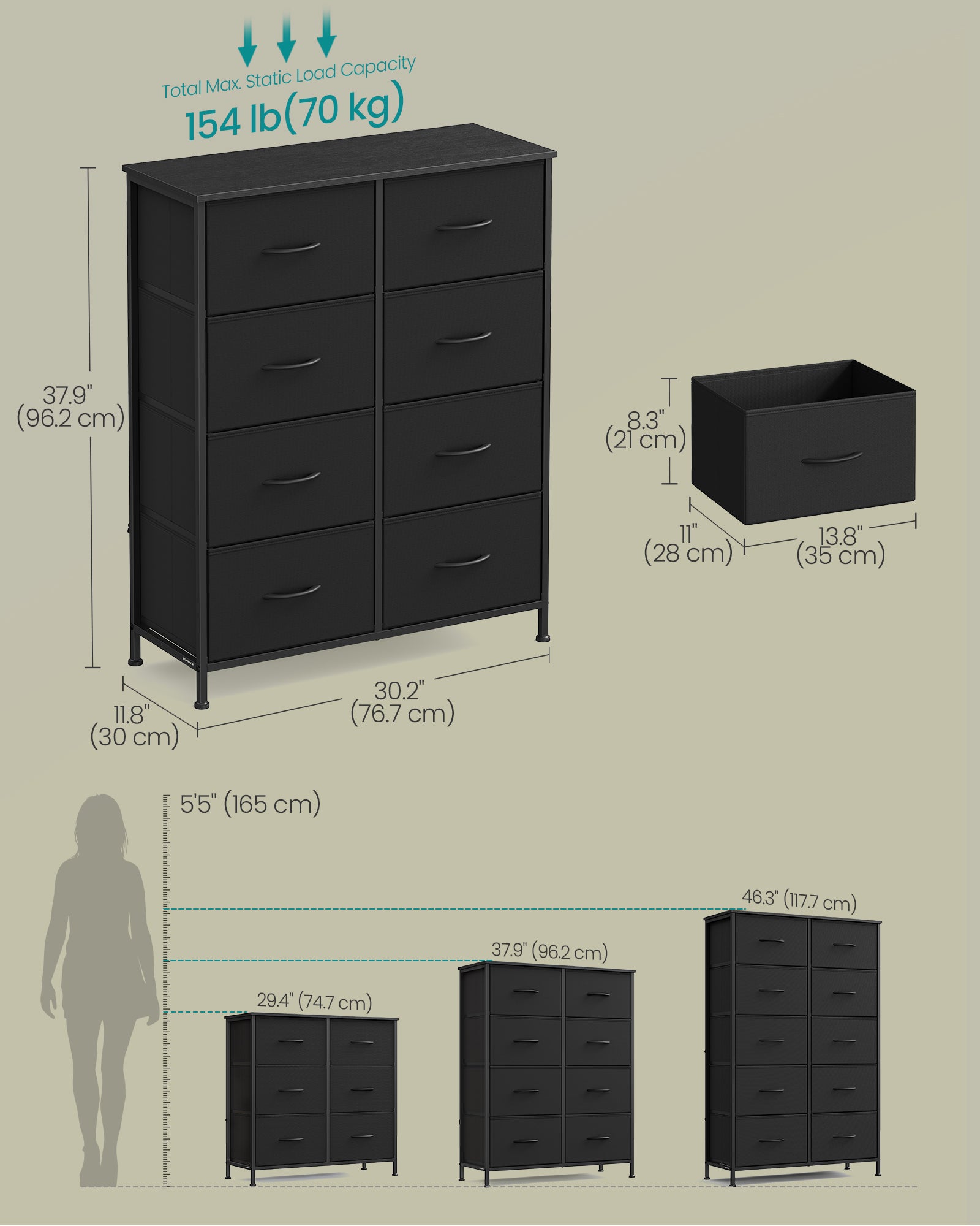 Dresser for Bedroom - 8-Drawer Storage Organizer - Ink Black & Ebony Black - Steel Frame - Ink Black, Ebony Black