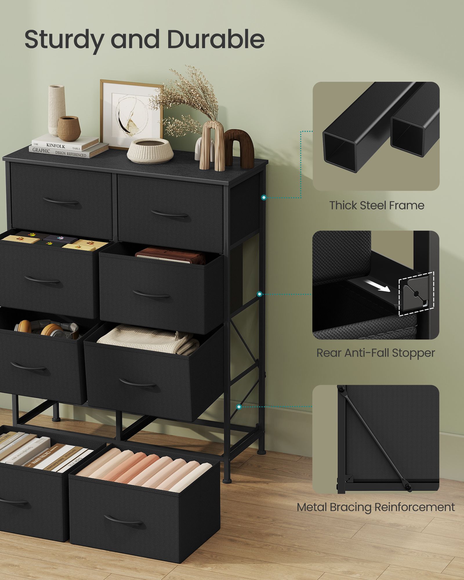 Dresser for Bedroom - 8-Drawer Storage Organizer - Ink Black & Ebony Black - Steel Frame - Ink Black, Ebony Black