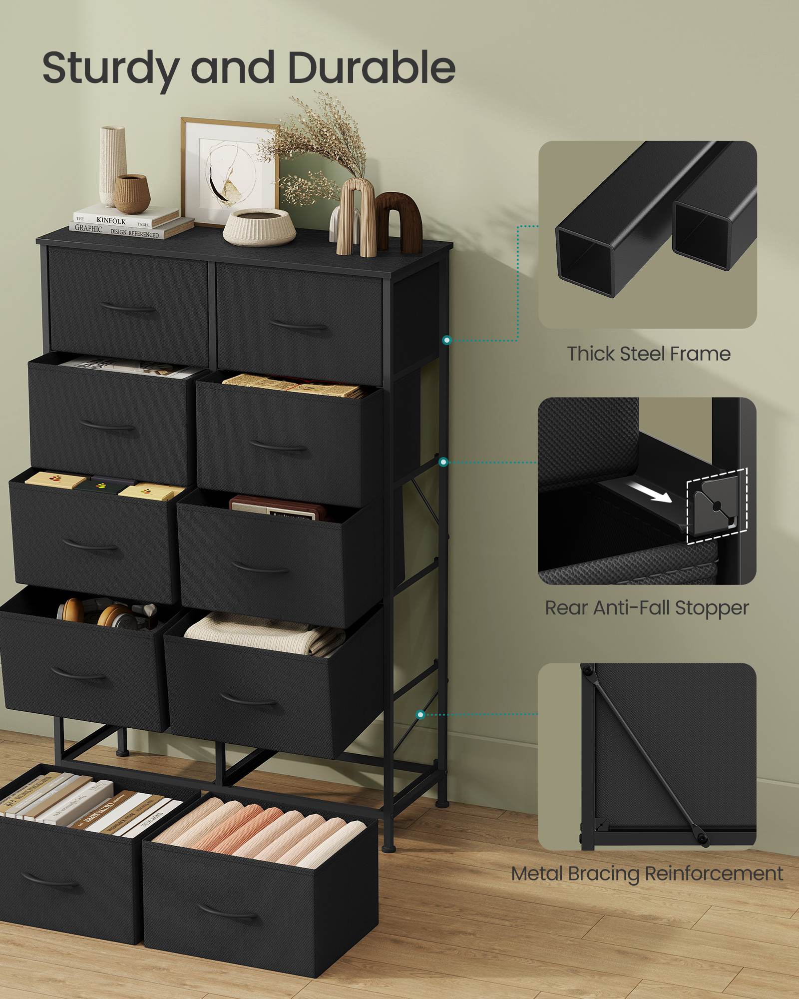 Dresser for Bedroom - 10-Drawer Storage Organizer - Rustic Brown & Ink Black - Steel Frame - Ink Black, Ebony Black