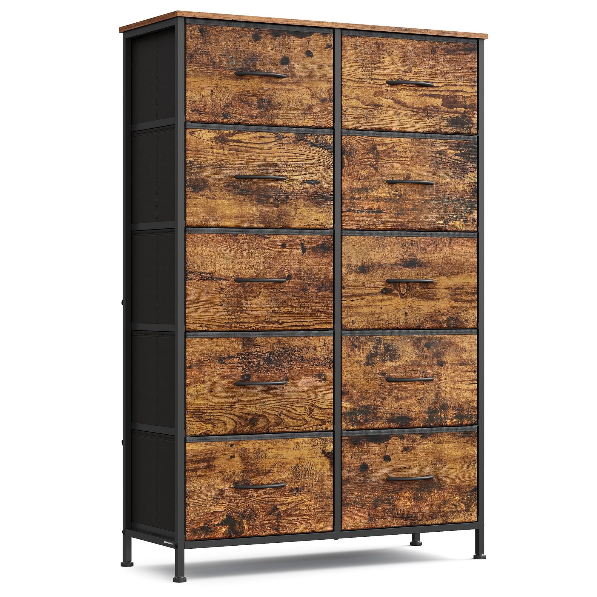 Dresser for Bedroom - 10-Drawer Storage Organizer - Rustic Brown & Ink Black - Steel Frame - Rustic Brown, Ink Black