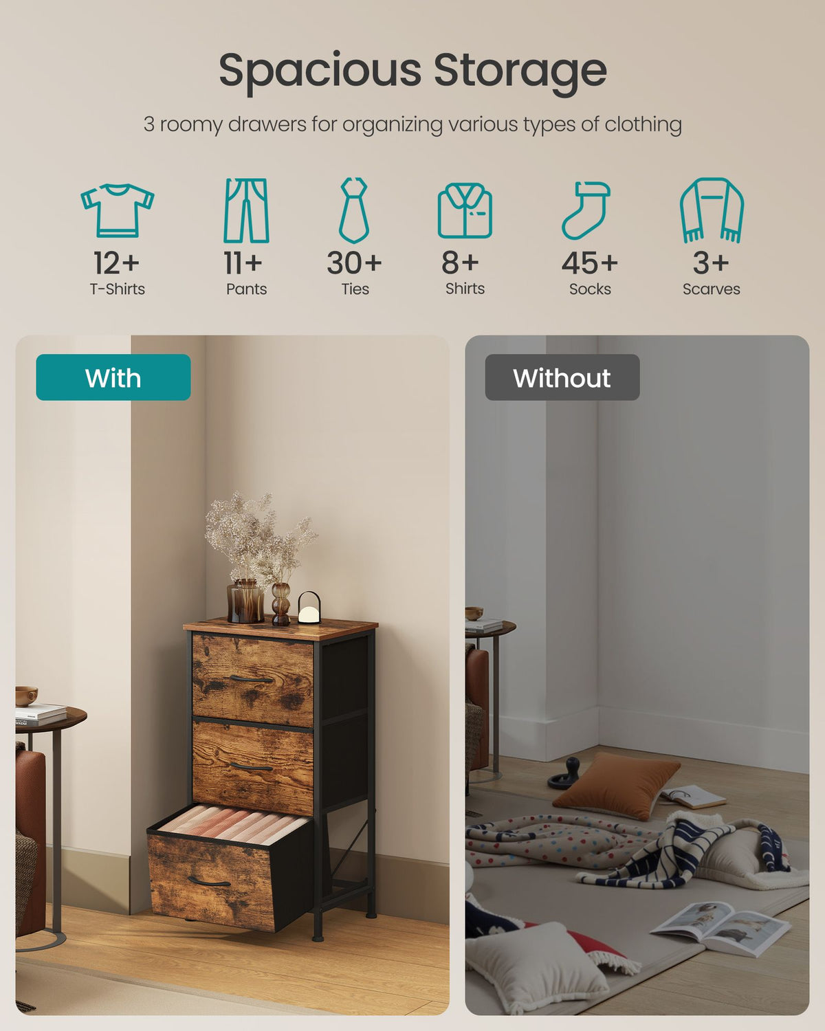 Dresser for Bedroom - Small Dresser with 3 Fabric Drawers