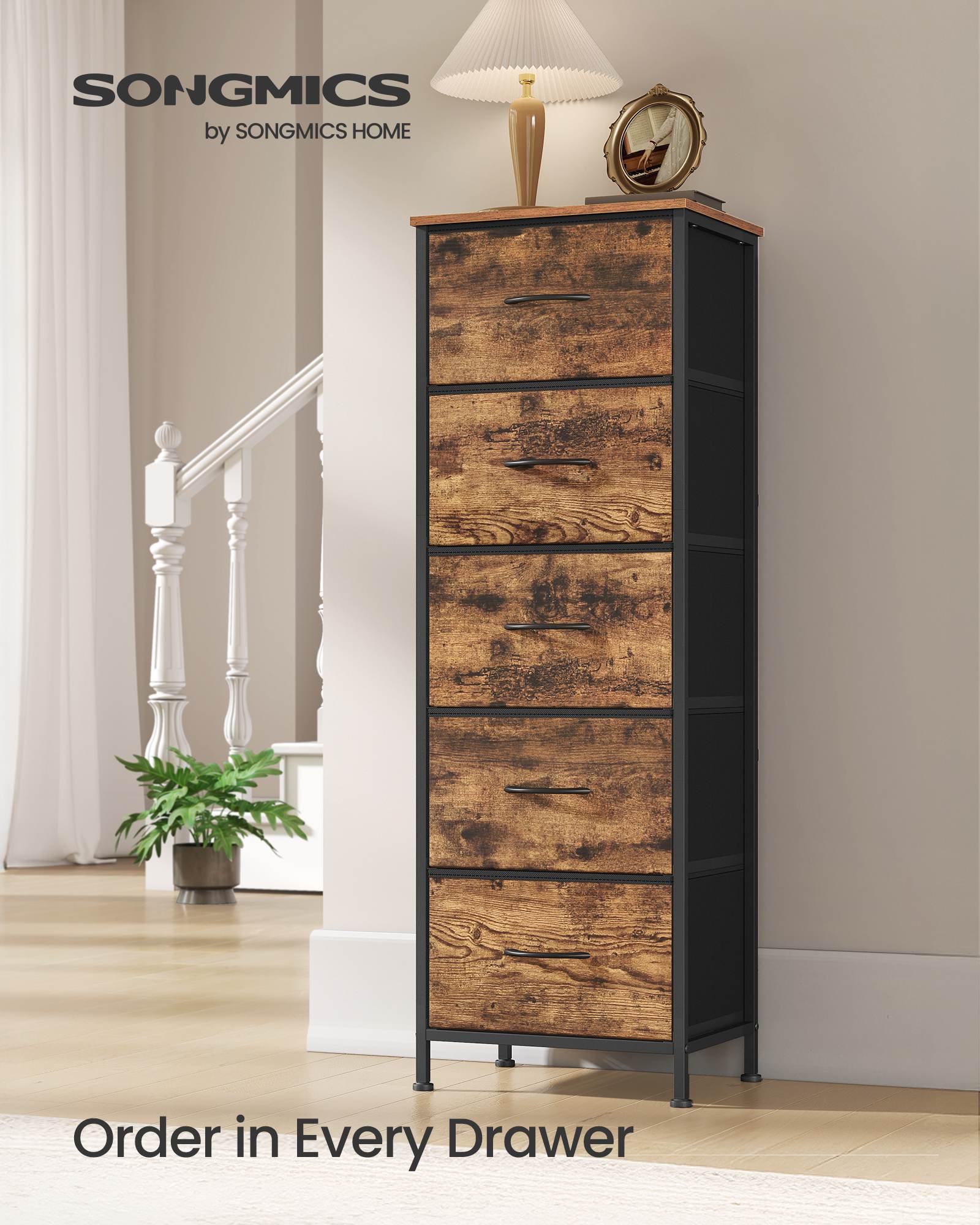 5 Drawer Dresser - Rustic Brown & Ink Black - Steel Frame - 46" Tall Storage Organizer - Rustic Brown & Ink Black