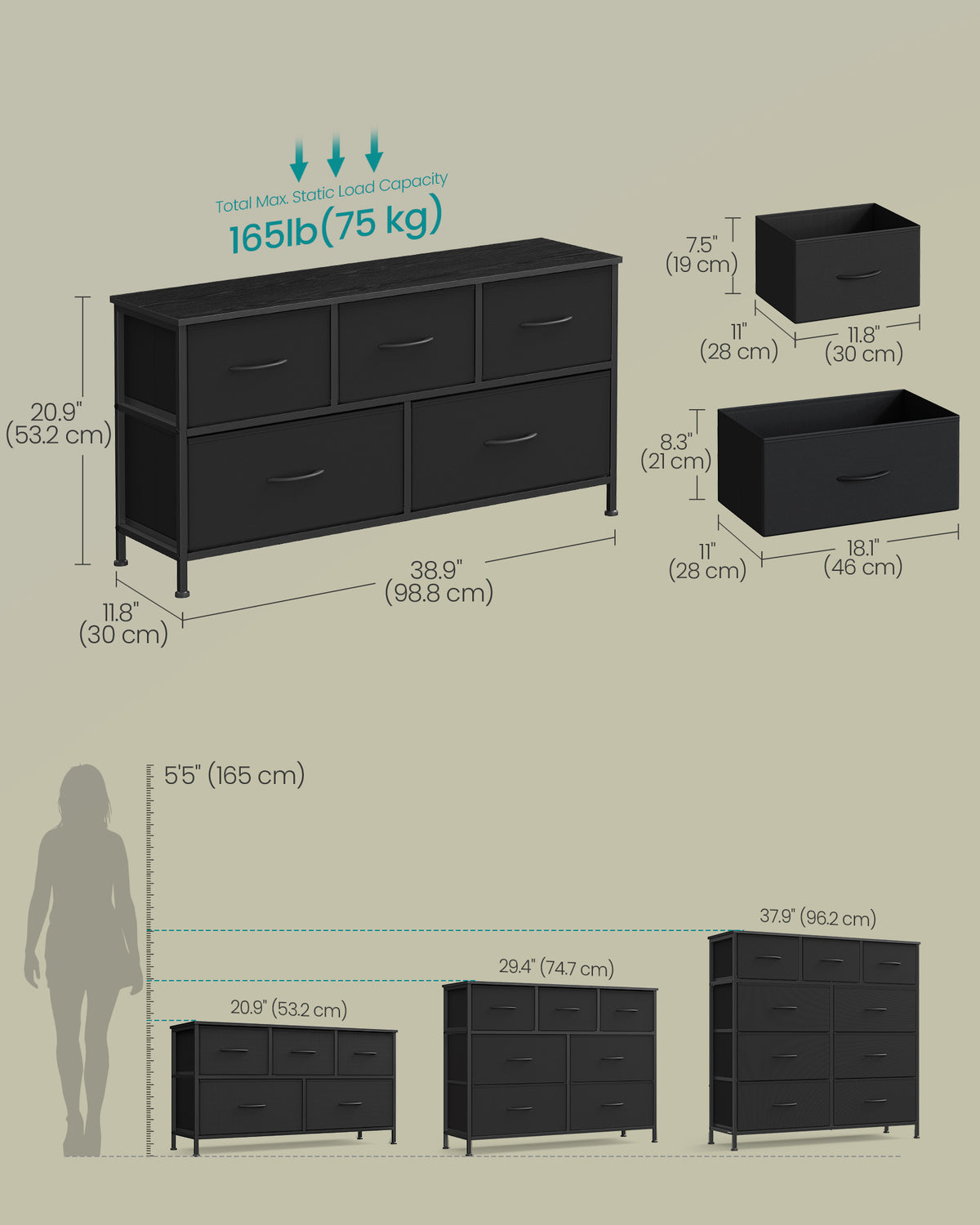 Dresser for Bedroom - Wide Dresser with 5 Fabric Drawers - ULGS322B01S