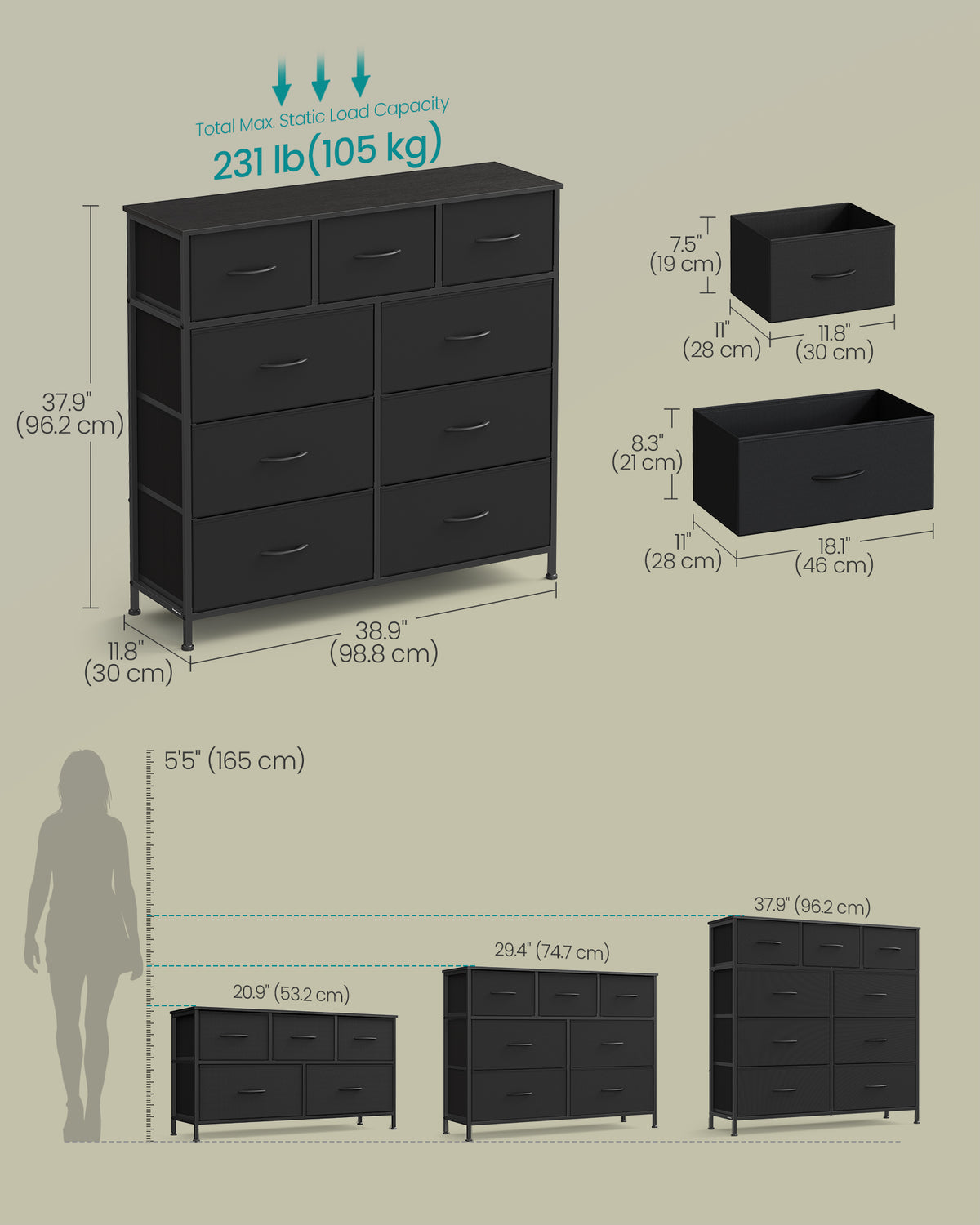 Wide Bedroom Storage Dresser with 9 Fabric Drawers - ULGS324B01S