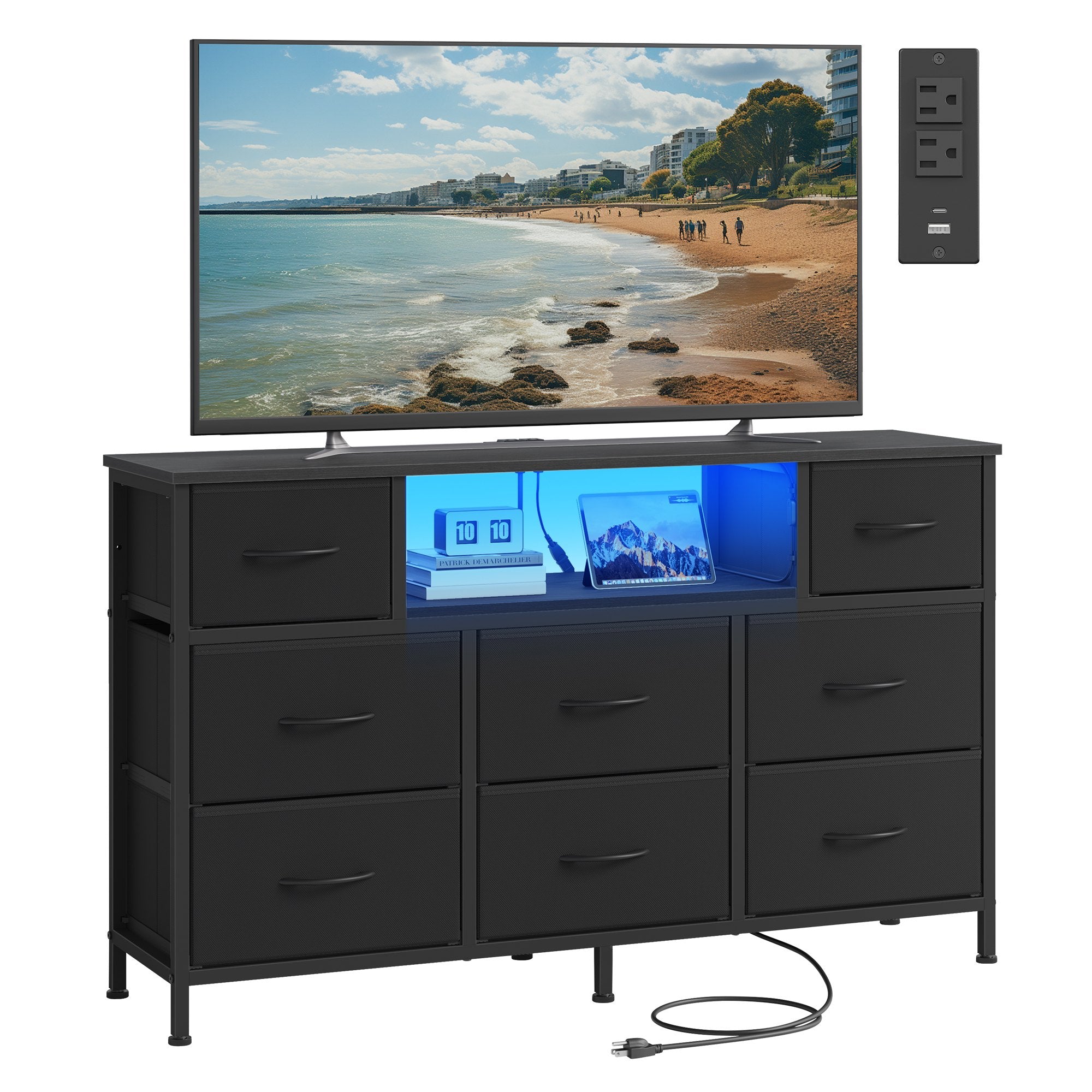 Resser for Bedroom with Outlets and LED Lights - TV Stand