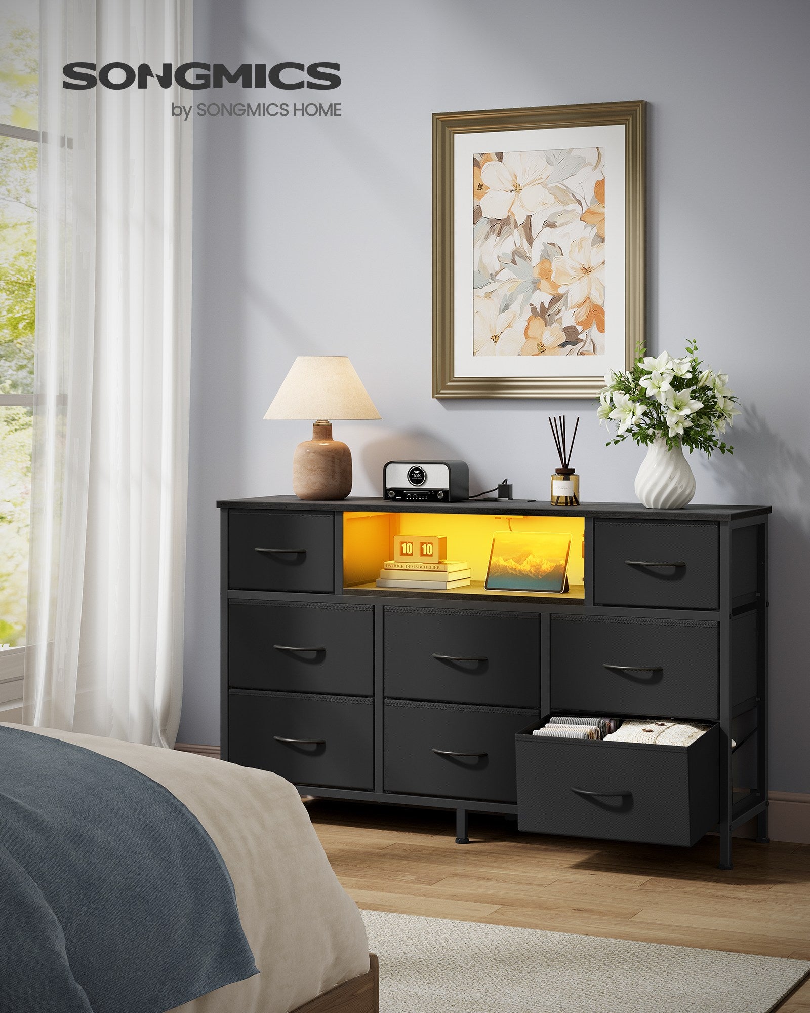 Resser for Bedroom with Outlets and LED Lights - TV Stand