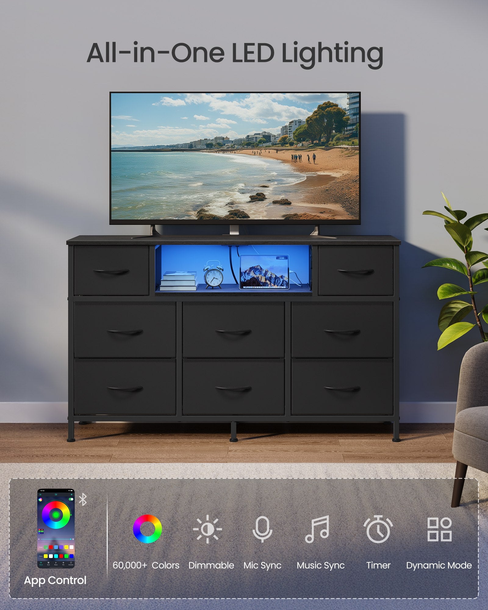 Resser for Bedroom with Outlets and LED Lights - TV Stand