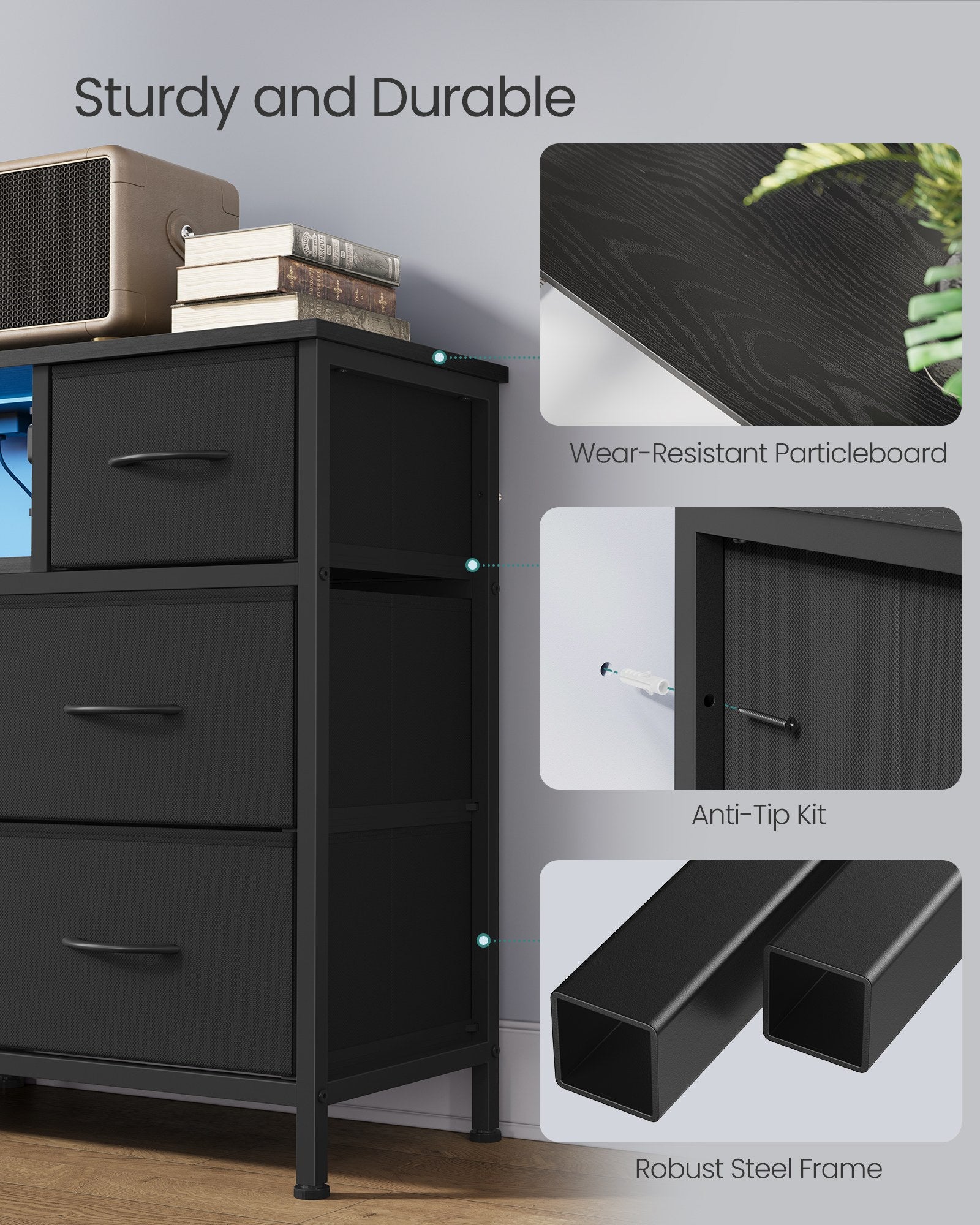 Resser for Bedroom with Outlets and LED Lights - TV Stand